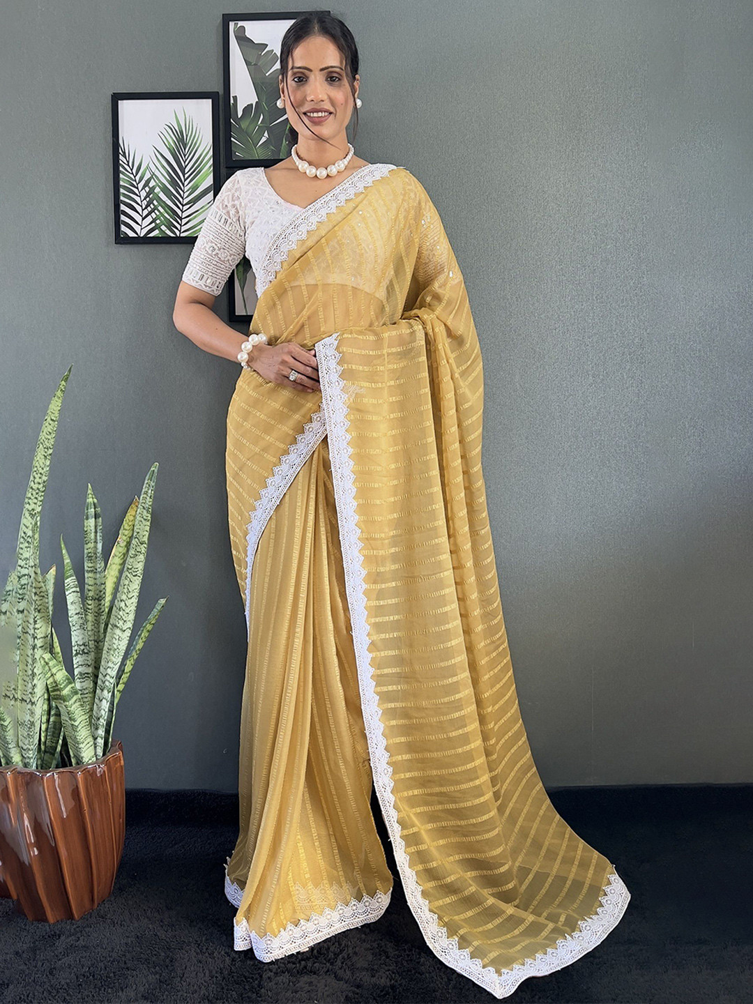 

A TO Z CART Striped Pure Chiffon Saree, Yellow