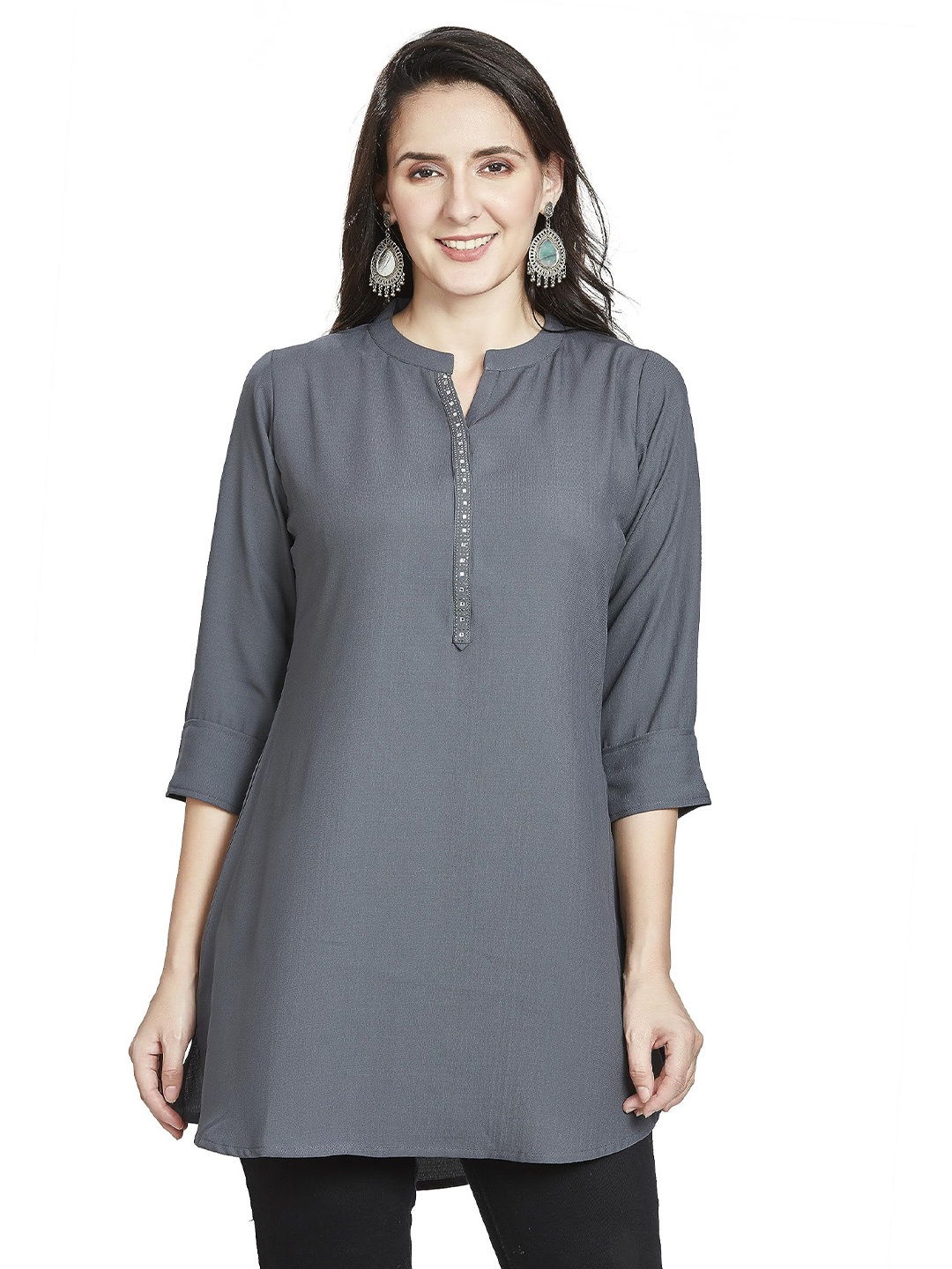 

Nioni Mandarin Collar Embellished Tunic, Grey