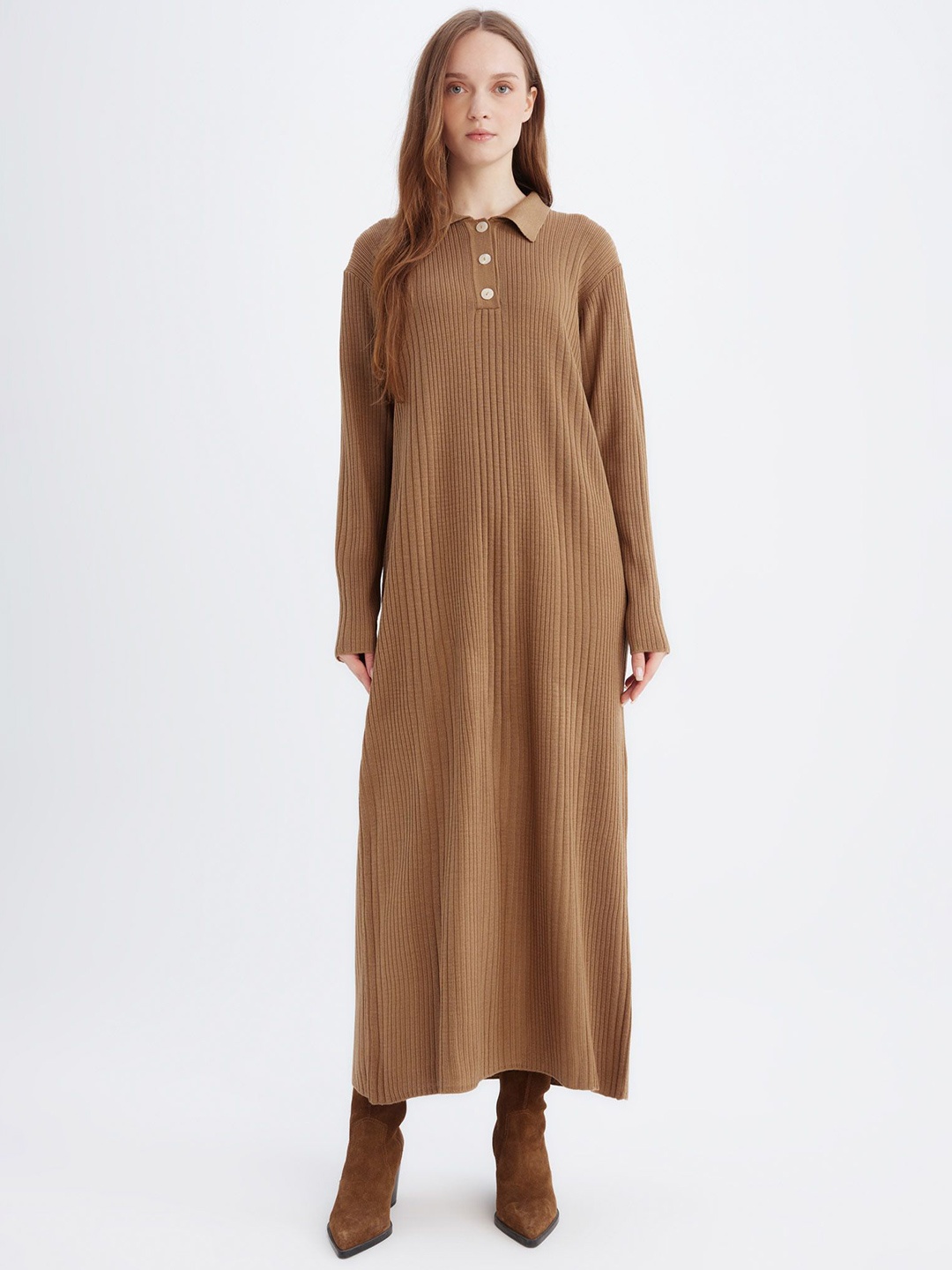 

DeFacto Women Shirt Collar Maxi Dress, Brown