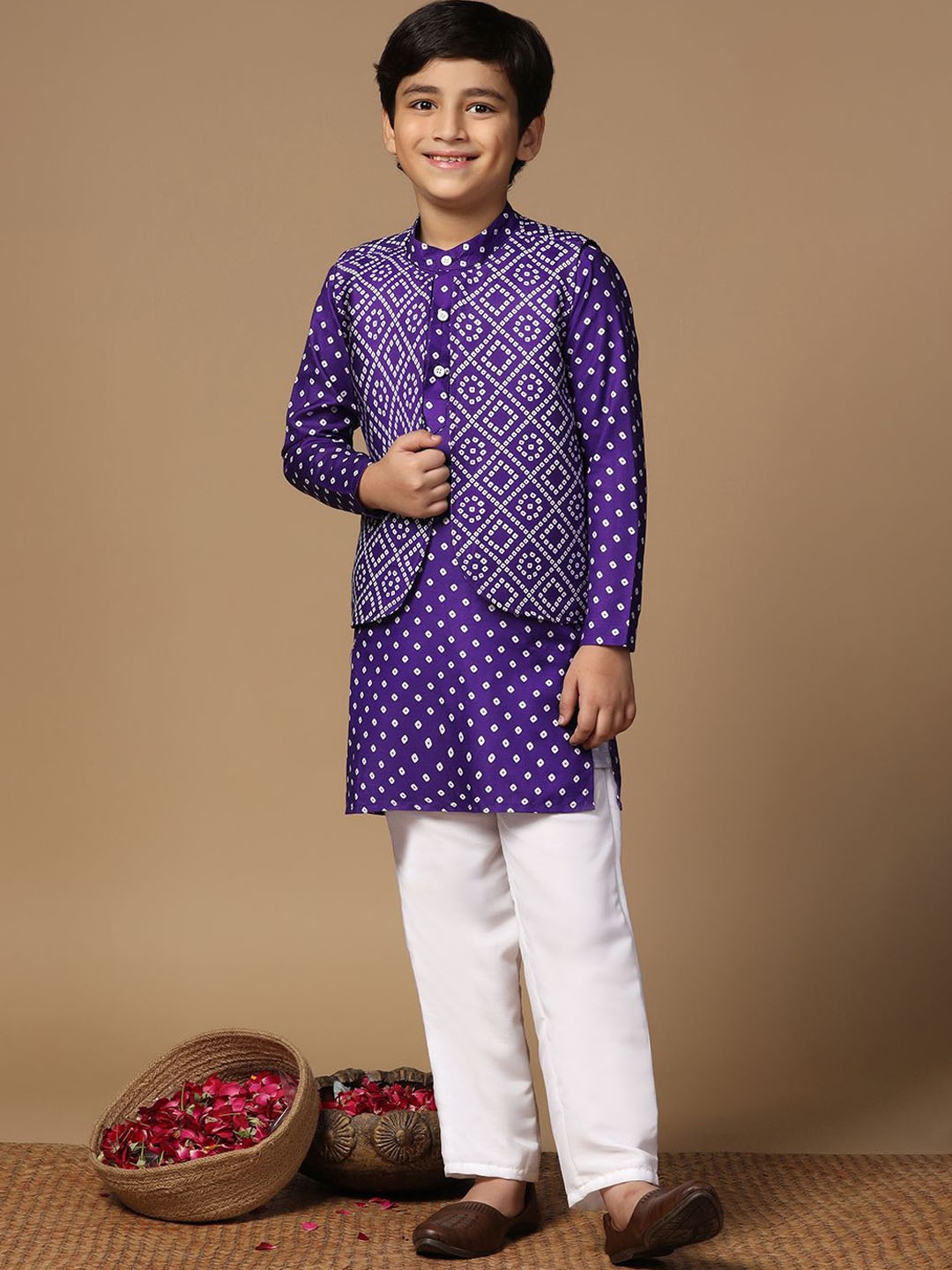 

FASHION DREAM Boys Bandhani Printed Mandarin Collar Kurta With Pyjama & Nehru Jacket, Violet