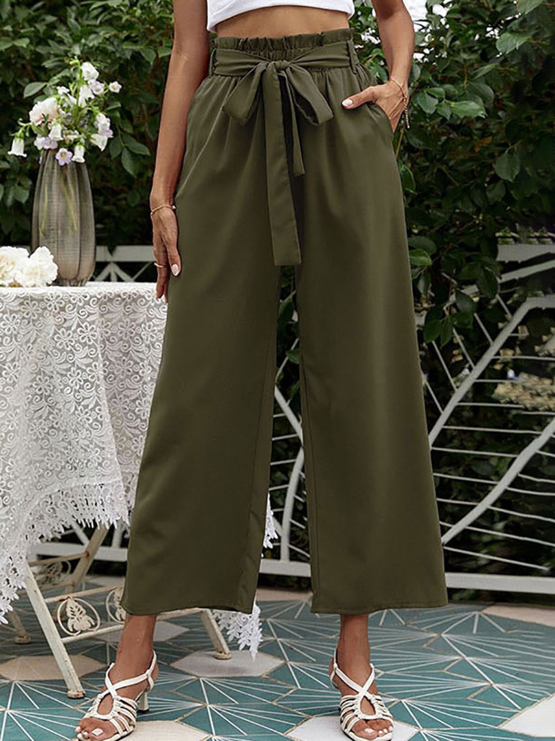 

StyleCast x Revolte Women Loose Fit Easy Wash Pleated Parallel Trousers, Green