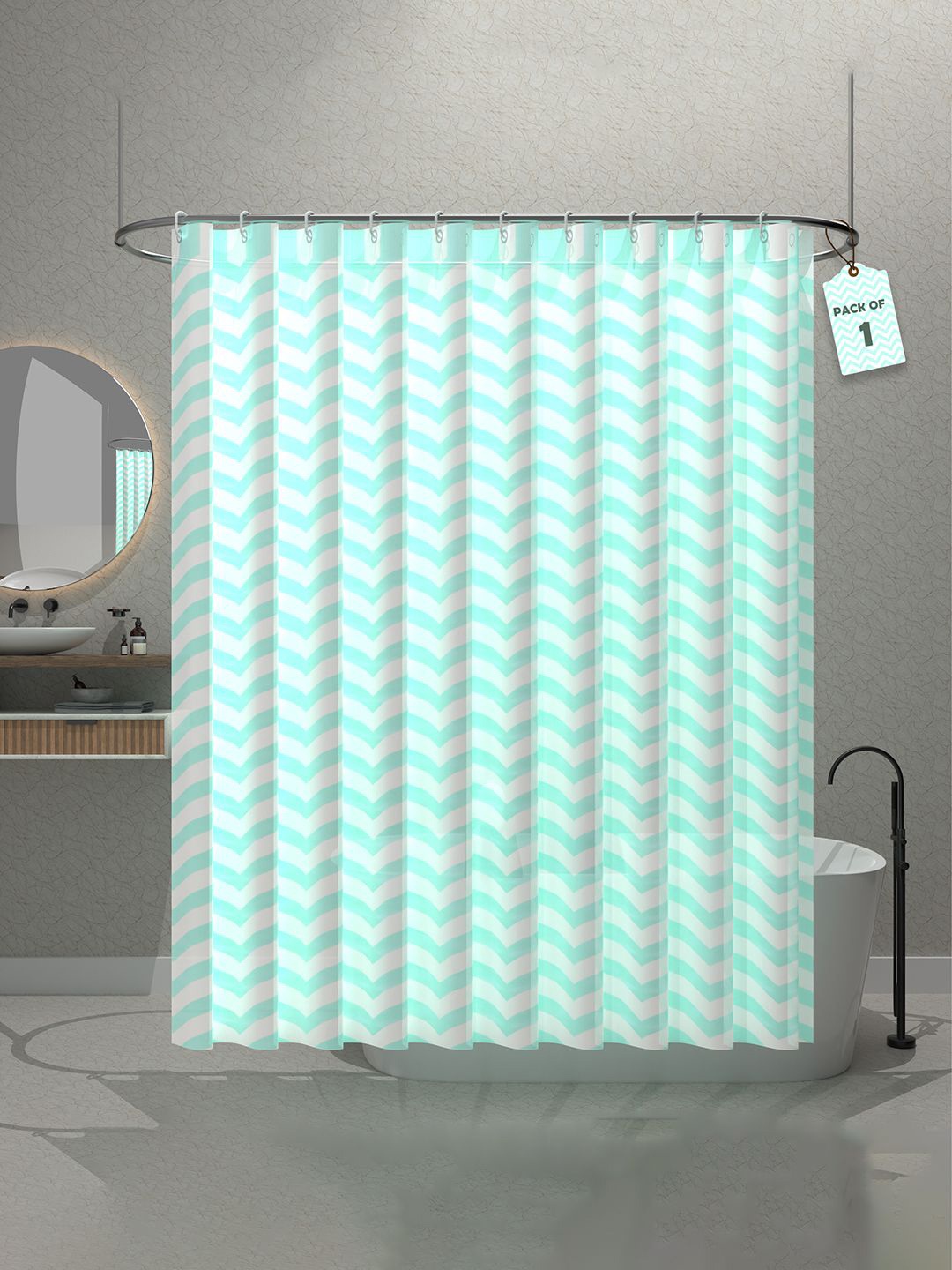 

Kuber Industries Blue & White Waves Design Shower Curtain with 12 Hooks