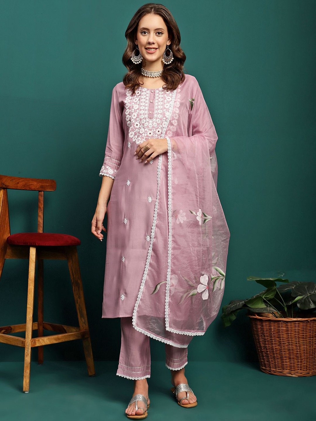 

Sangria Mauve Floral Embroidered Round Neck Mirror Work Kurta With Trouser & Dupatta