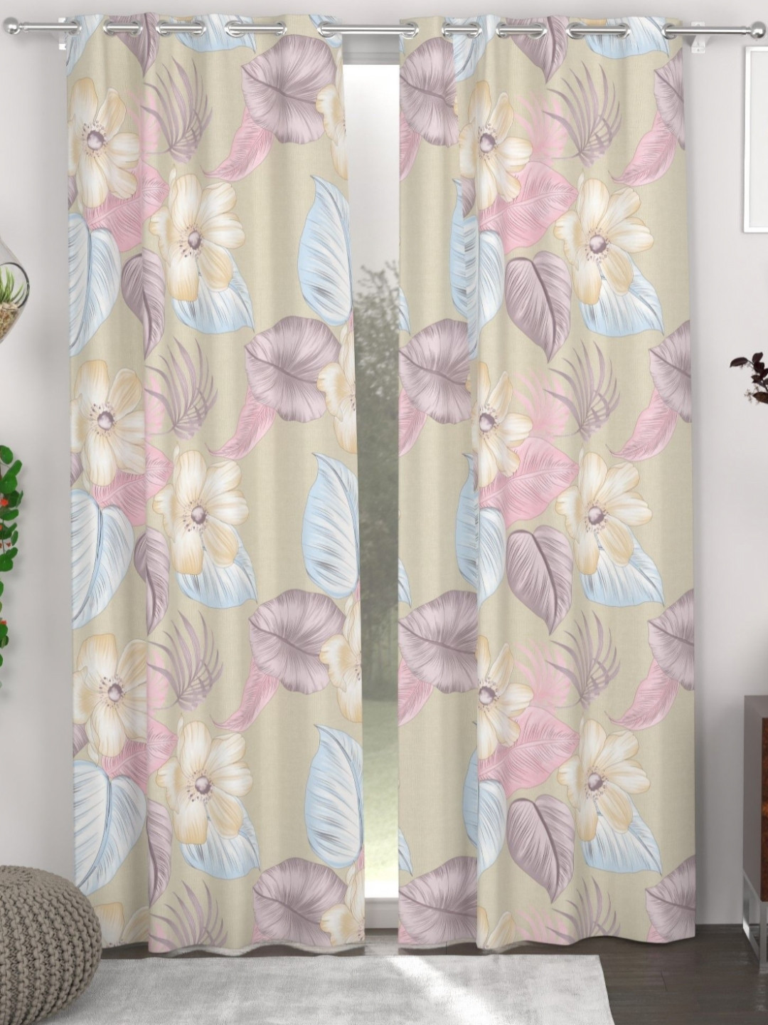 

CHHAVI INDIA Beige & Pink 2 Pieces Floral Printed Door Curtain