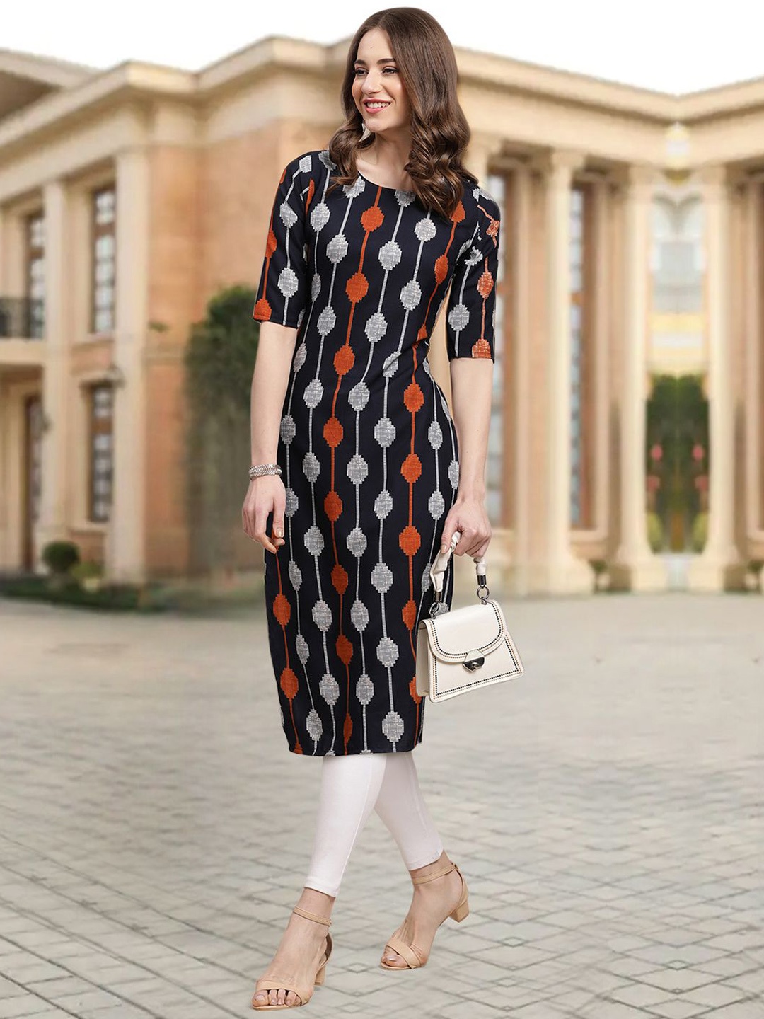 

7Threads Geometric Printed Round Neck Straight Kurta, Black