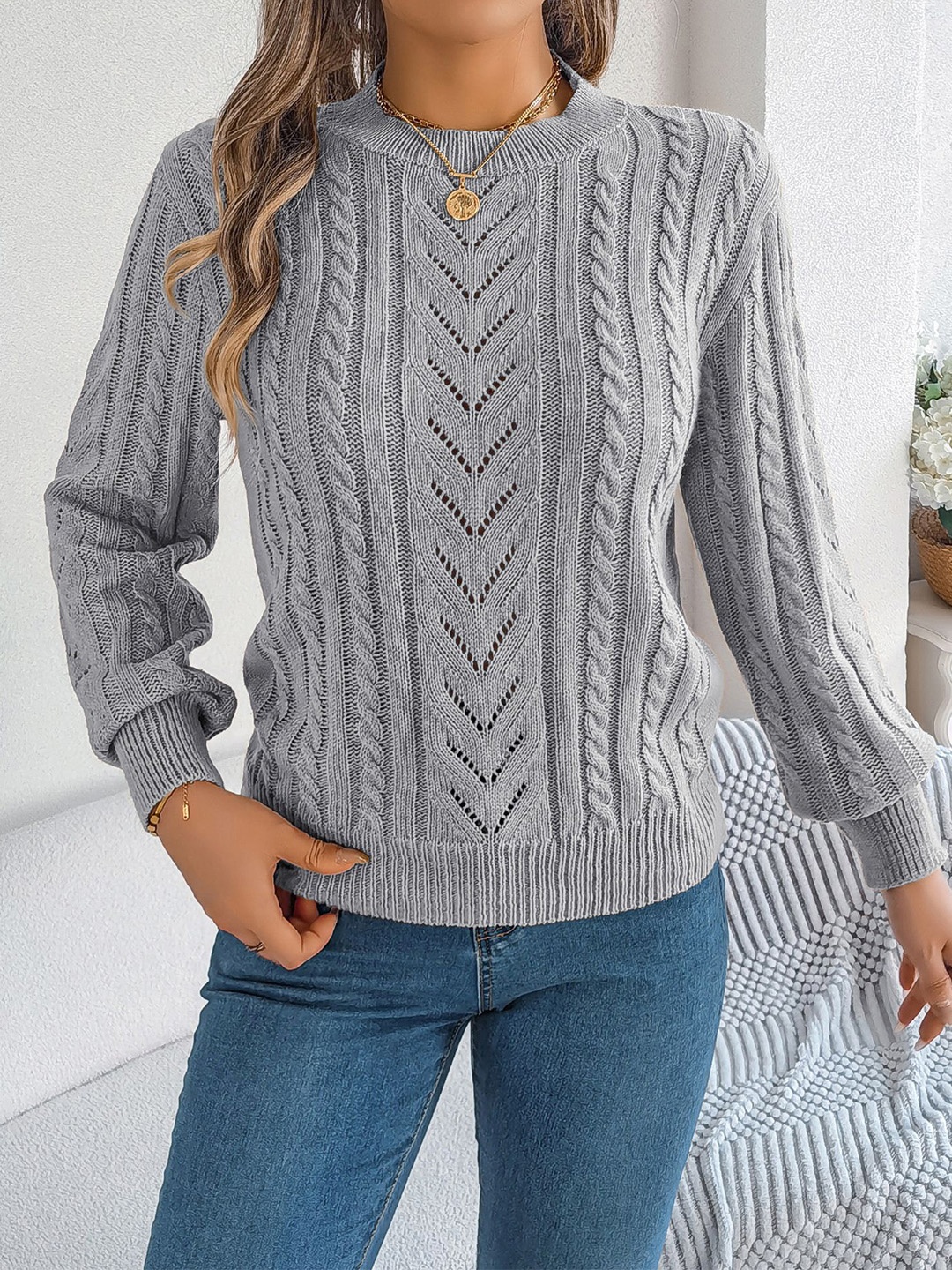 

StyleCast x Revolte Women Cable Knit Pullover, Grey