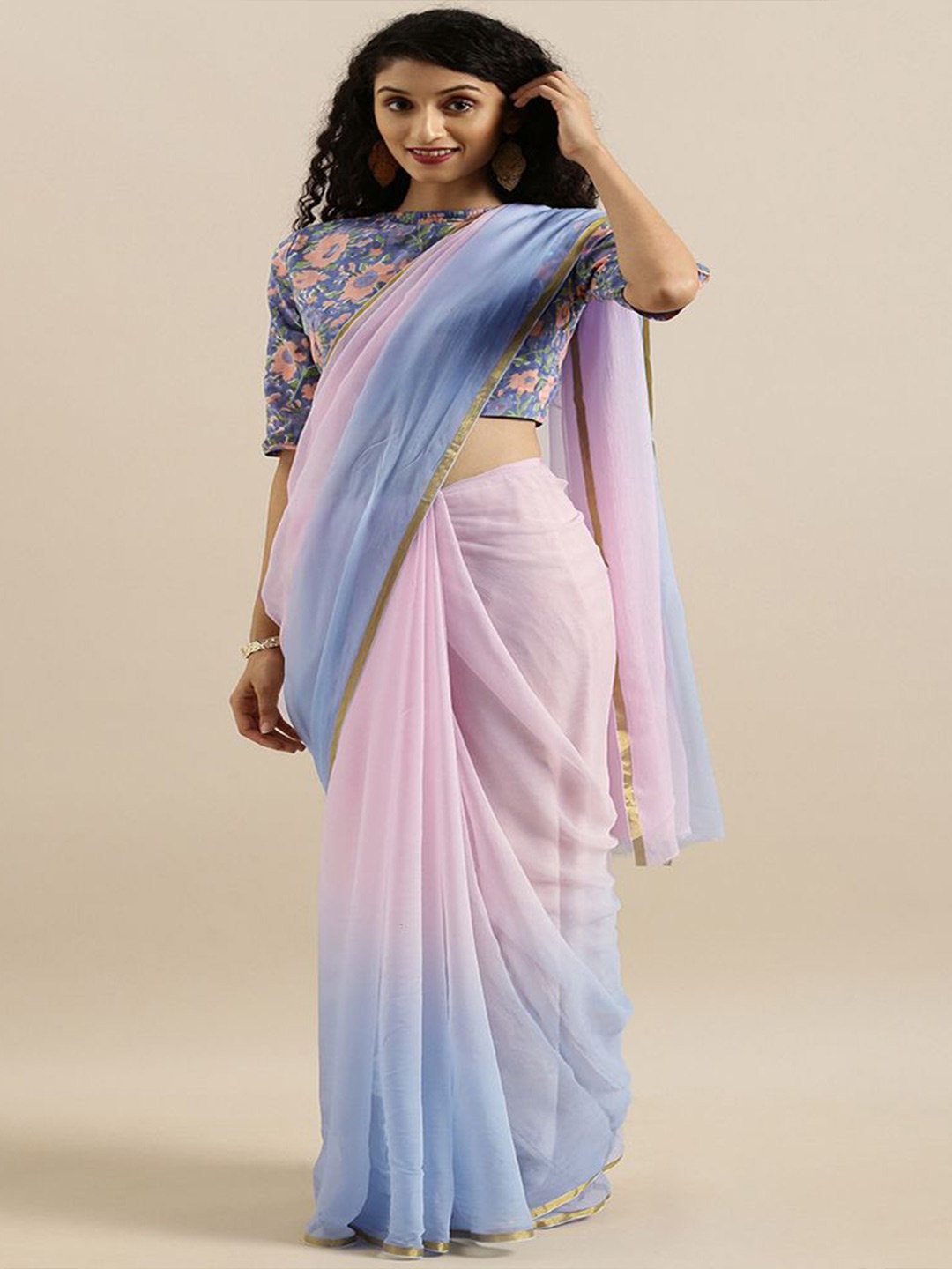 

Geroo Luxe Ombre Dyed Pure Chiffon Ready to Wear Saree, Blue