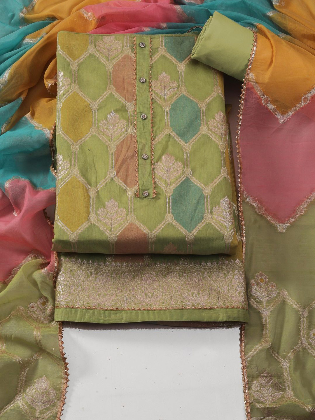 

Riti Floral Geometric Woven Design Gotta Patti Jaquard Silk Unstitched Dress Material, Green