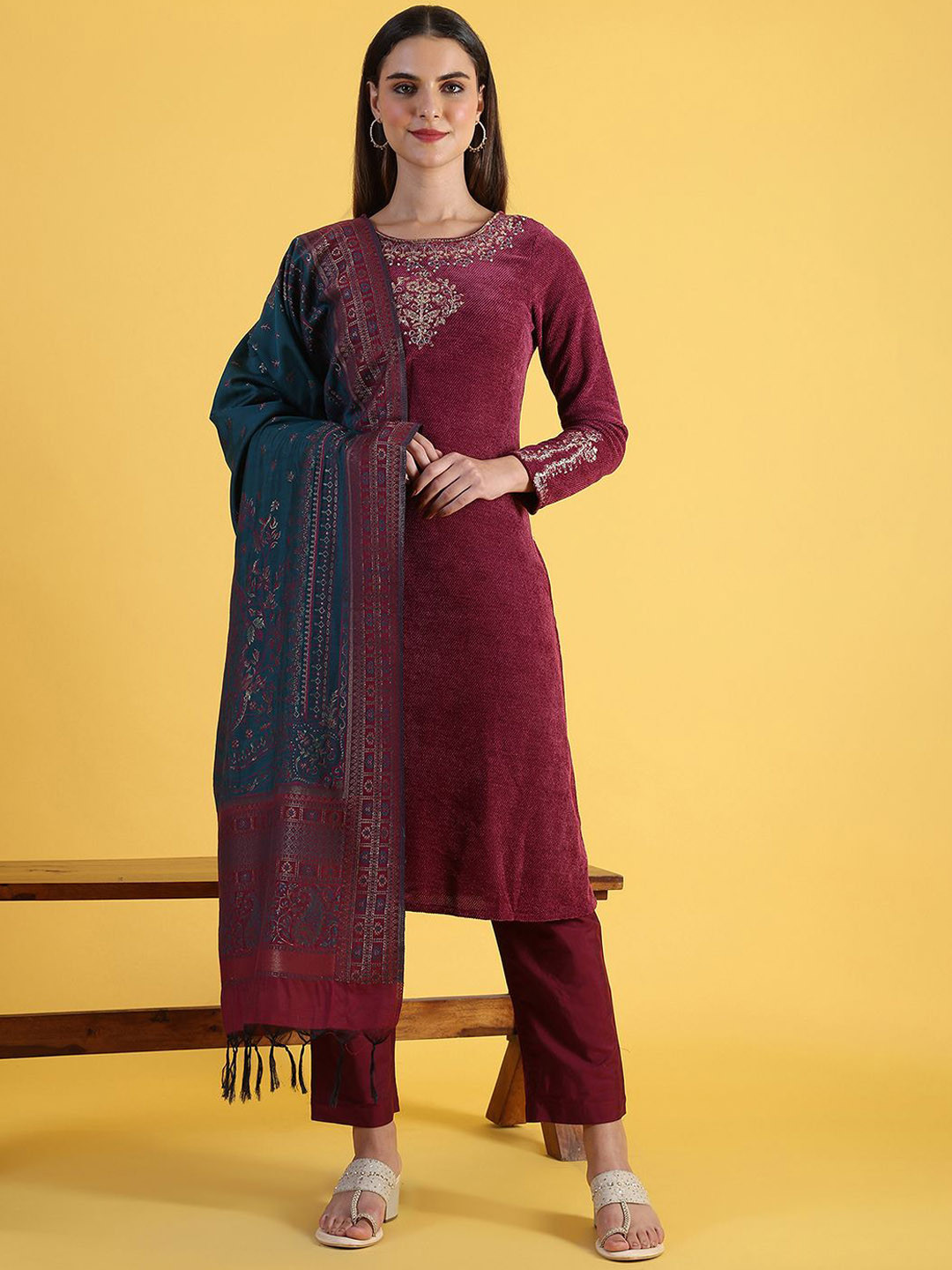 

W Maroon Floral Embroidered Round Neck Straight Kurta With Trousers And Dupatta