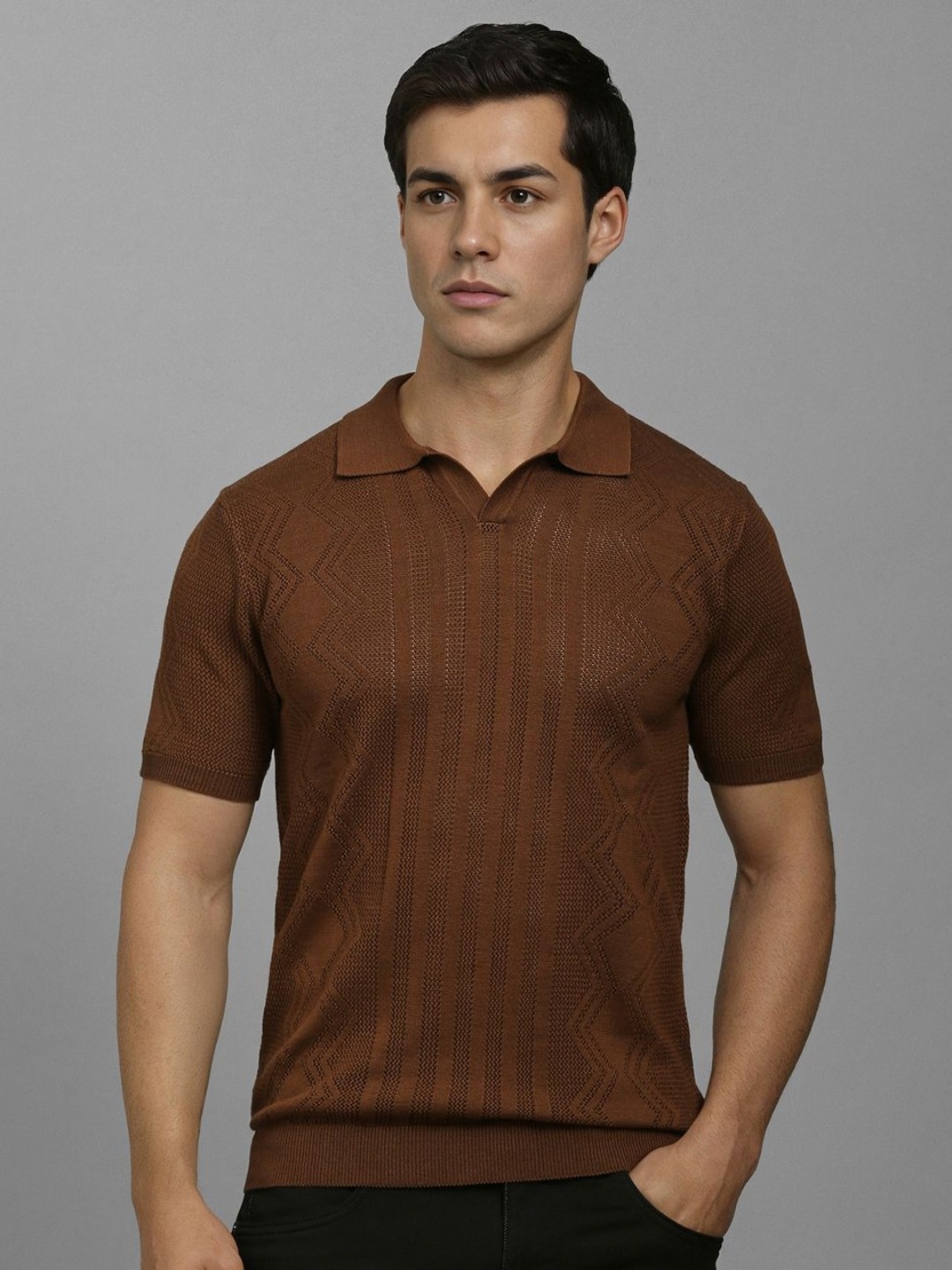 

Louis Philippe Jeans Men Polo Collar Textured Cotton T-shirt, Brown