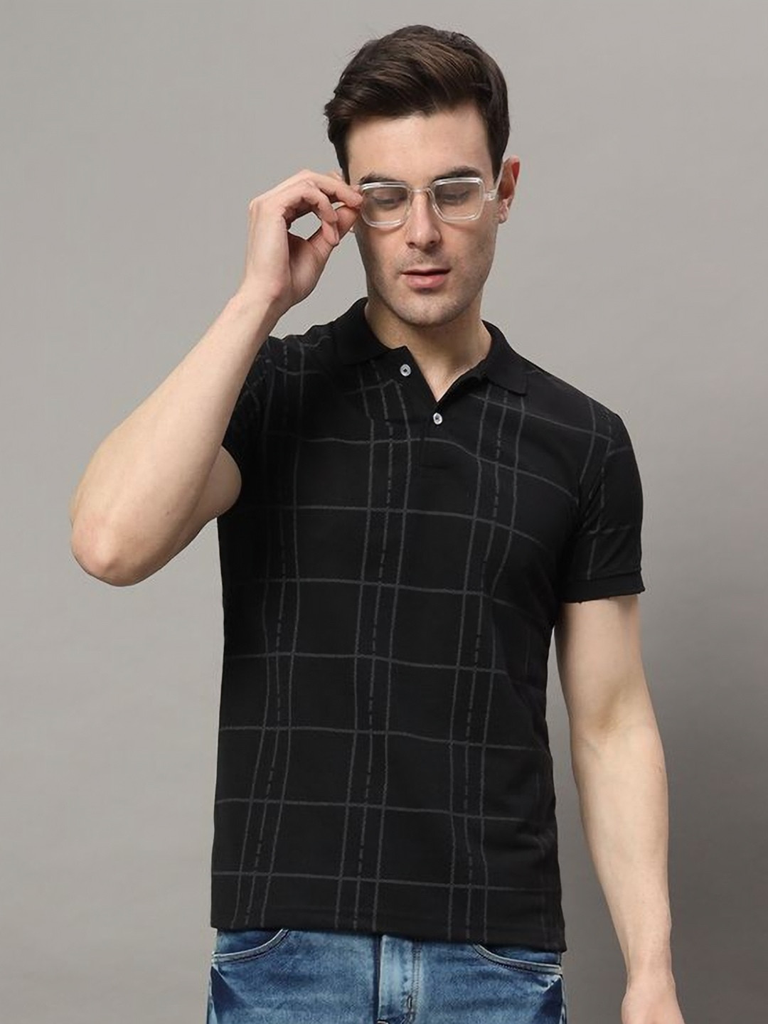 

RELANE Men Checked Polo Collar Cotton T-shirt, Black