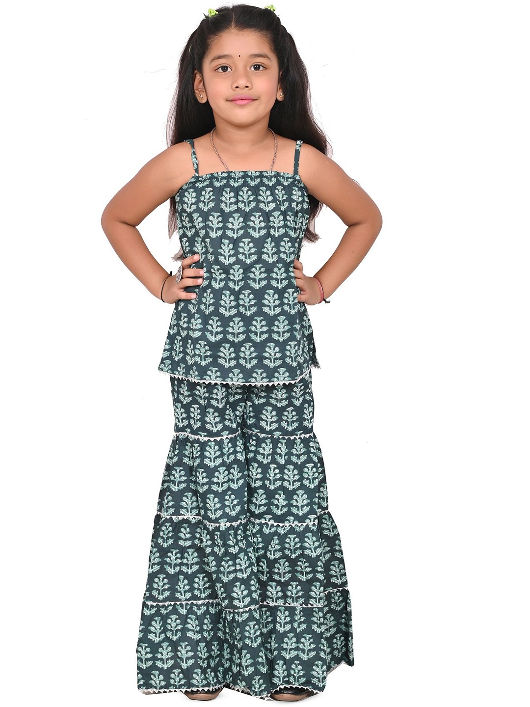 

Megha Overseas Girls Floral Printed Shoulder Straps Pure Cotton Kurti With Sharara, Green