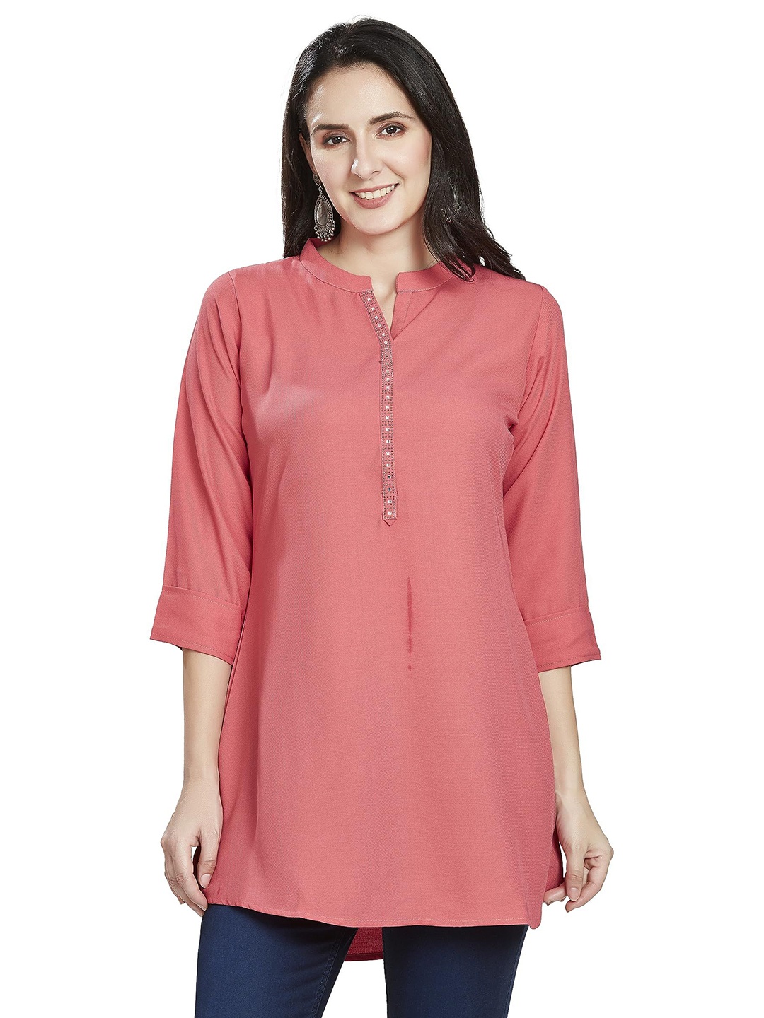 

Nioni Mandarin Collar Embellished Tunic, Peach