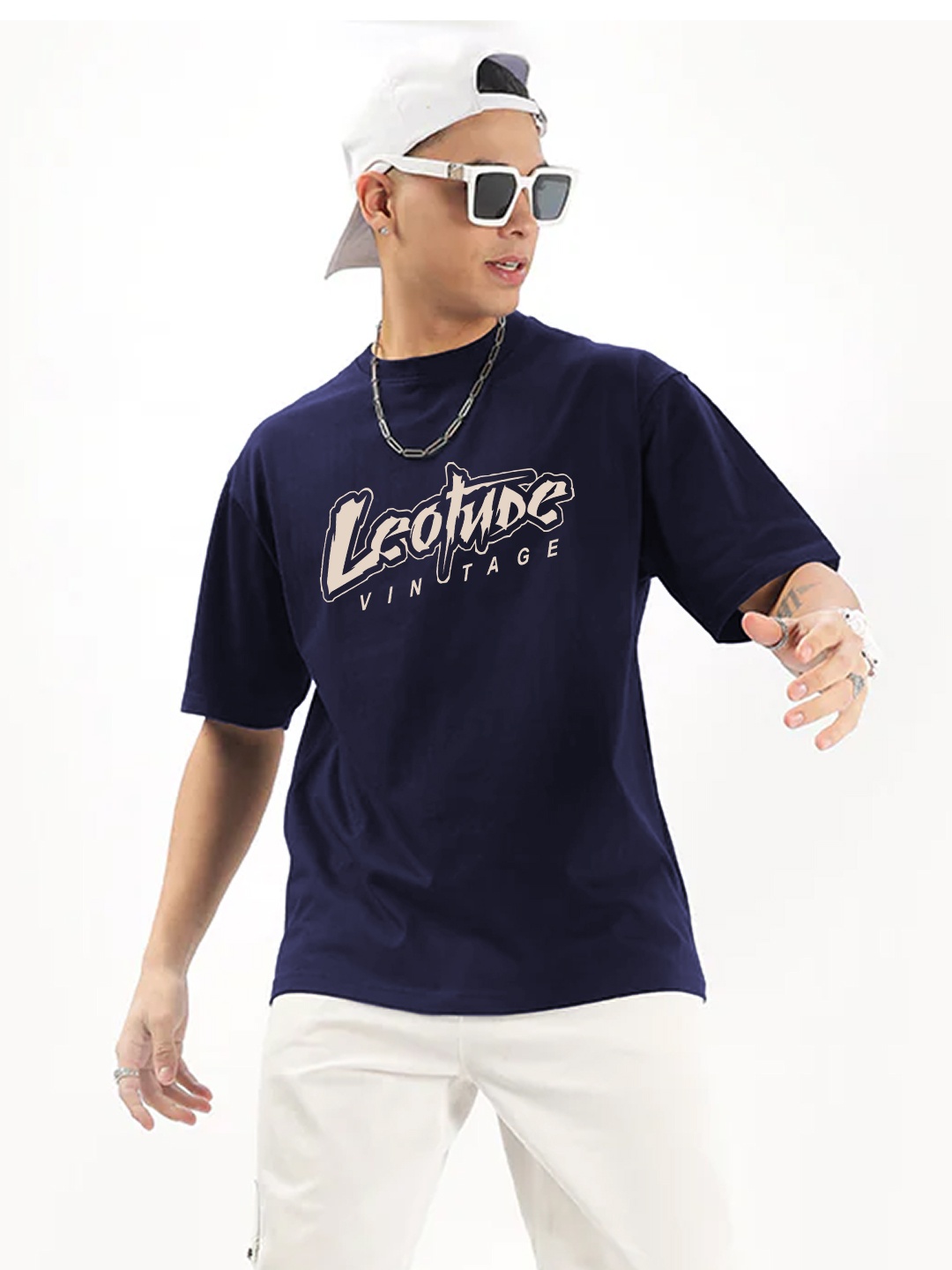 

Leotude Men Typography Printed Round Neck Cotton Oversized T-shirt, Navy blue