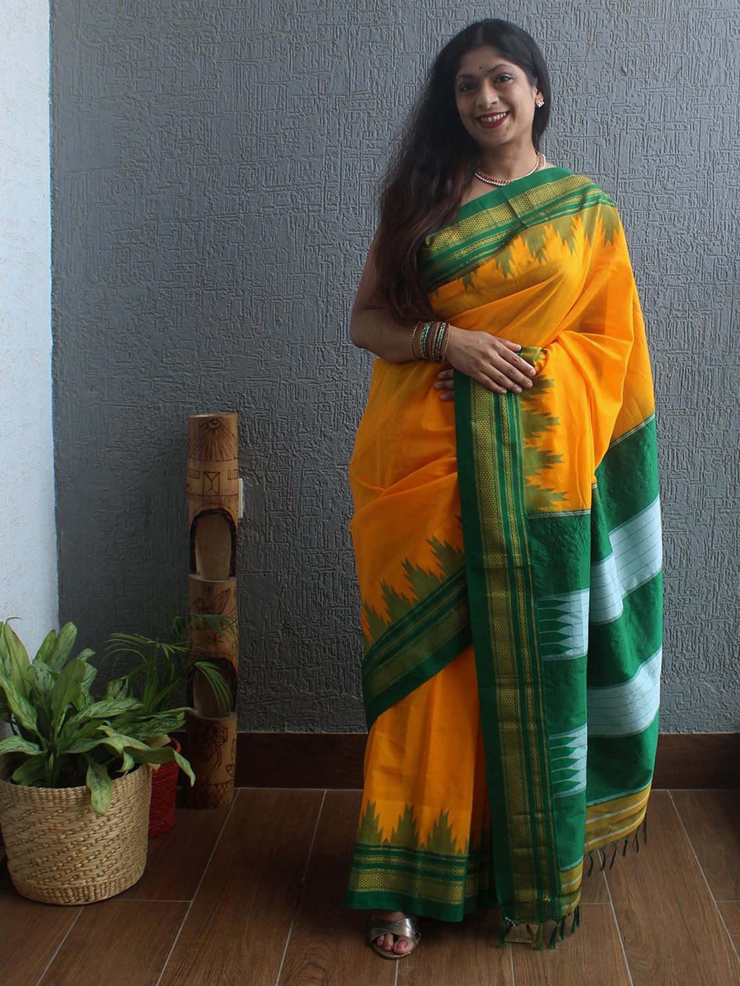 

Weaves of Tradition Woven Design Zari Ilkal Saree, Yellow