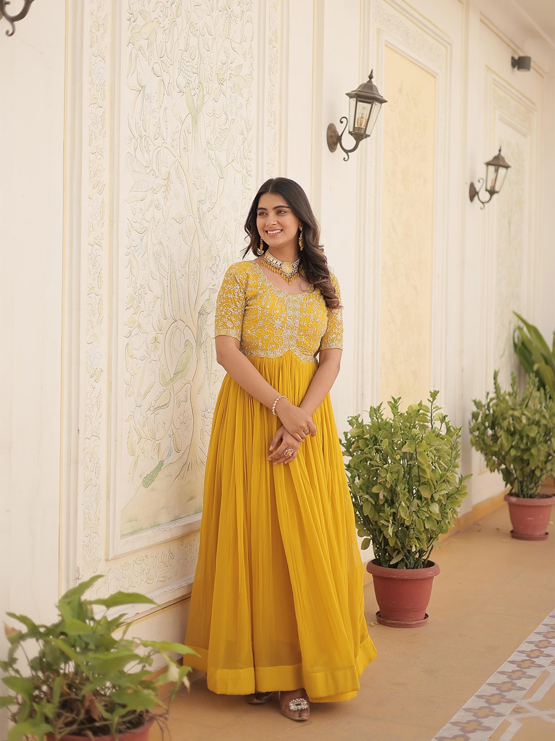 

FVD Women Embroidered Maxi Ethnic Dress, Yellow