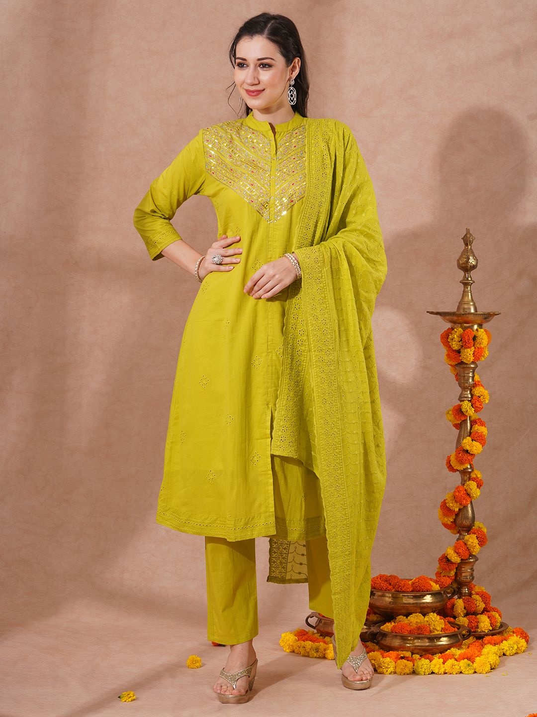 

FASHOR Women Ethnic Motifs Embroidered Panelled Mirror Work Pure Cotton Kurta with Trousers & With Dupatta, Lime green