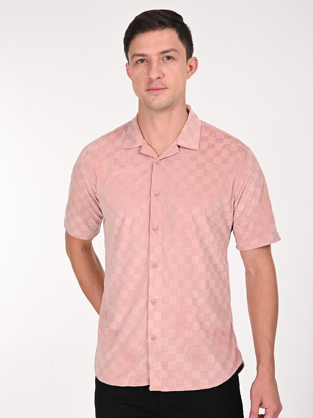 

URBAN POCHE Men Cuban Collar Checked Cotton Casual Shirt, Pink