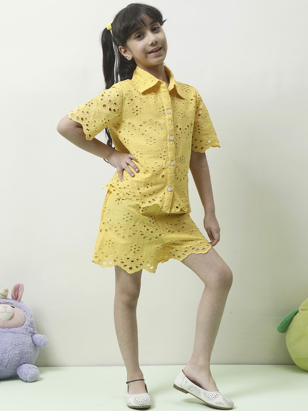 

Athena Girls Shirt Collar Pure Cotton Shirt With Shorts, Yellow