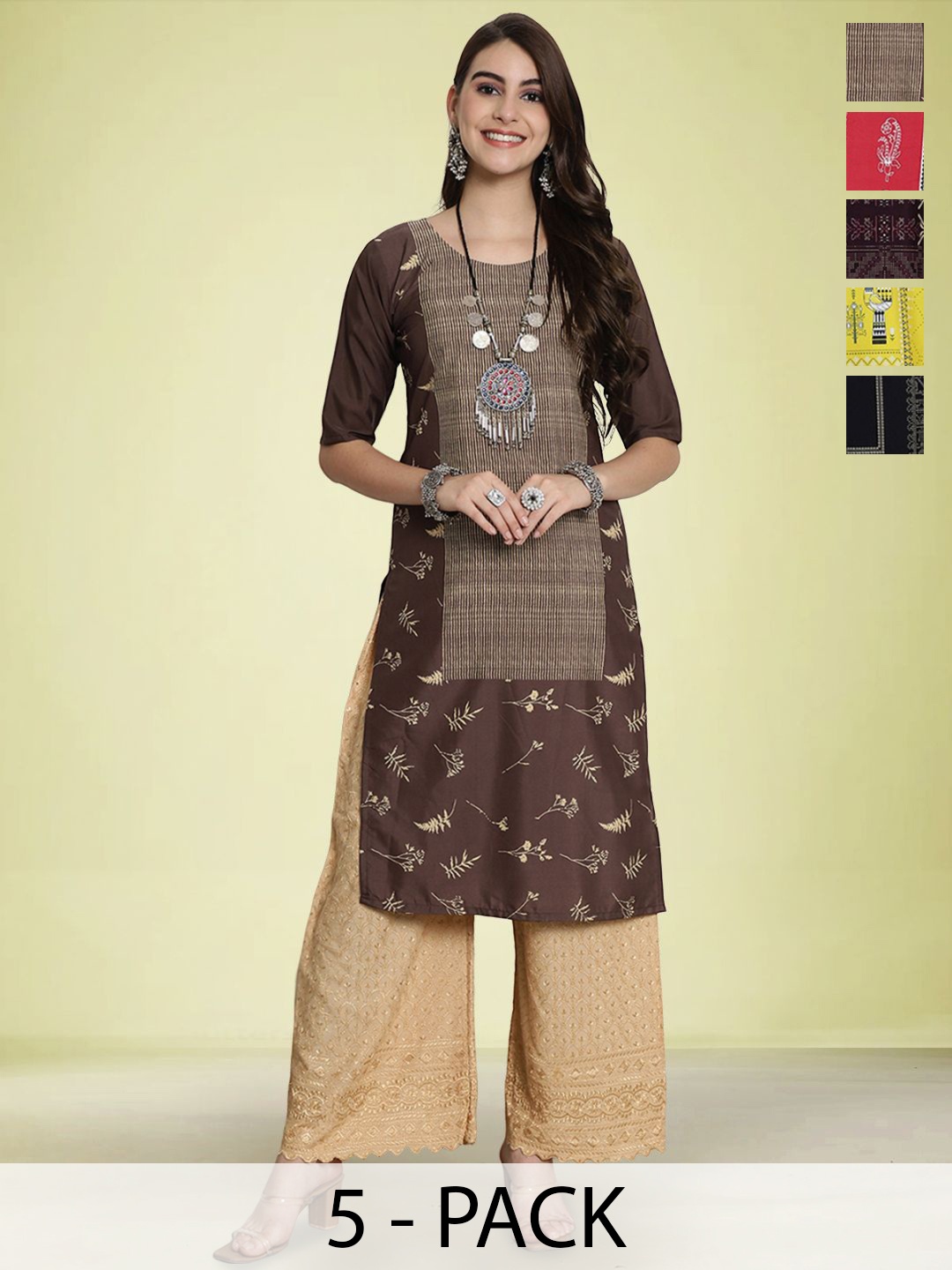 

Moda Rapido Selection Of 5 Floral Printed Round-Neck Straight Kurtas, Brown