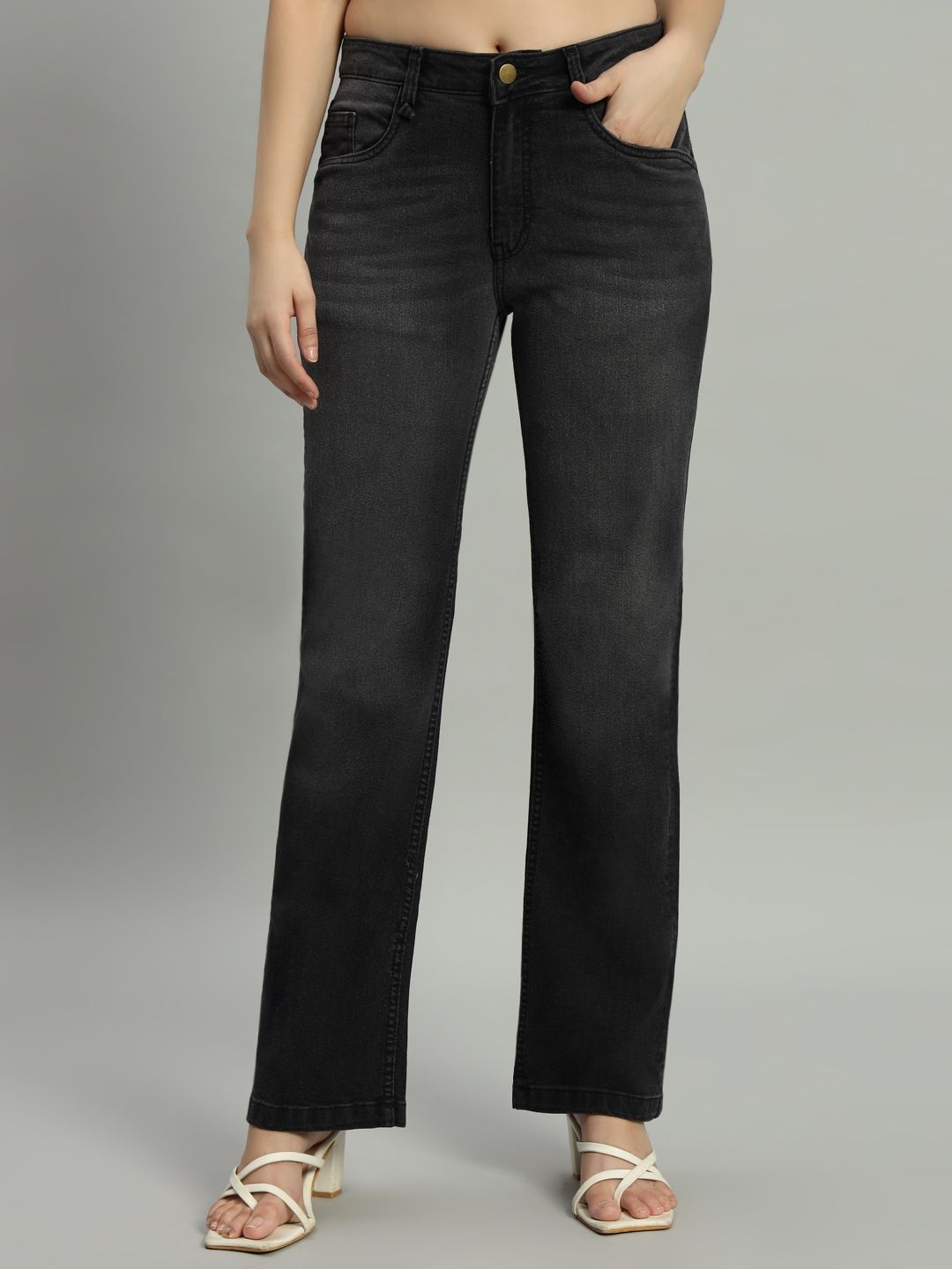 

Mast & Harbour Women Straight Fit High-Rise Stretchable Jeans, Black