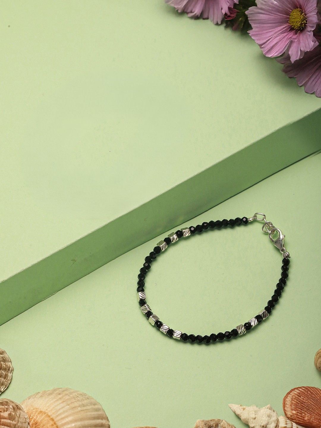 

SARAF SILVERETZ 925 Sterling Silver-Plated Artificial Beaded Charm Bracelet, Black