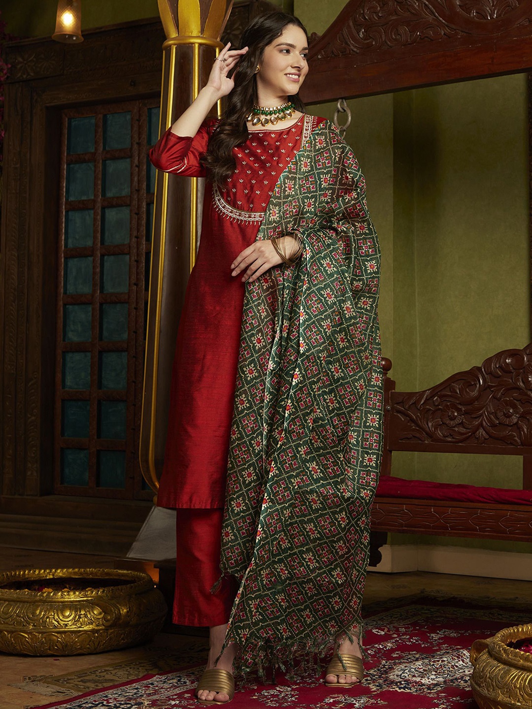 

Sangria Rust Floral Yoke Design Mirror Work Straight Kurta With Trouser & Dupatta