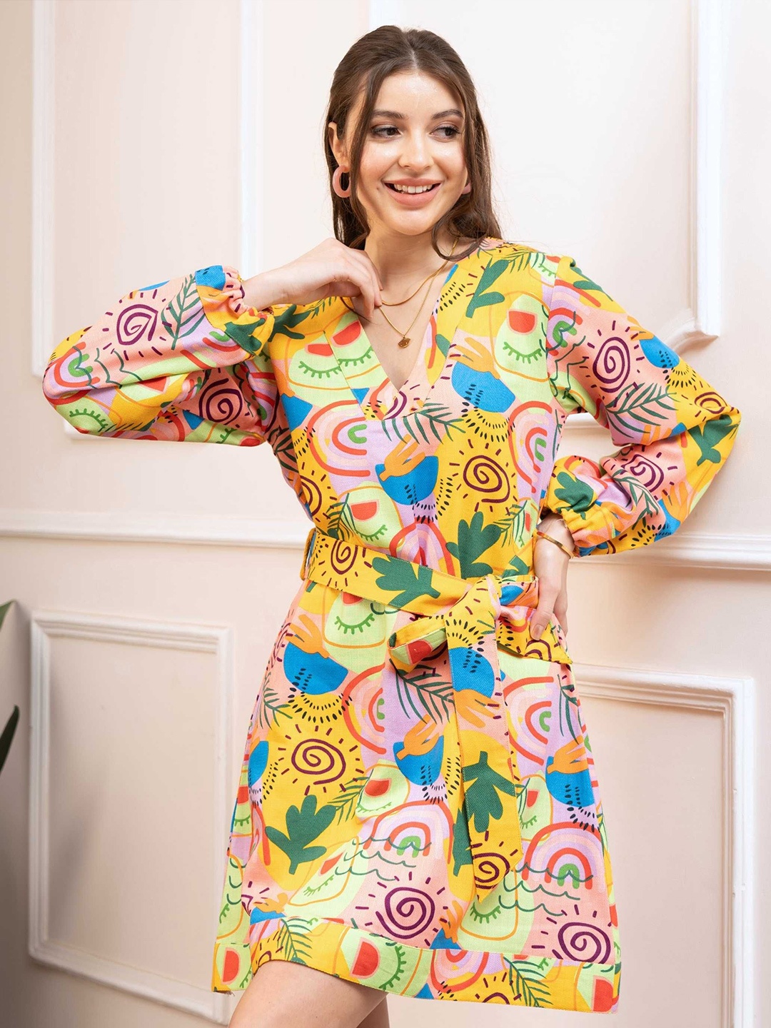 

ALLUREARMOIRE Floral Bishop Sleeve A-Line Mini Dress, Gold