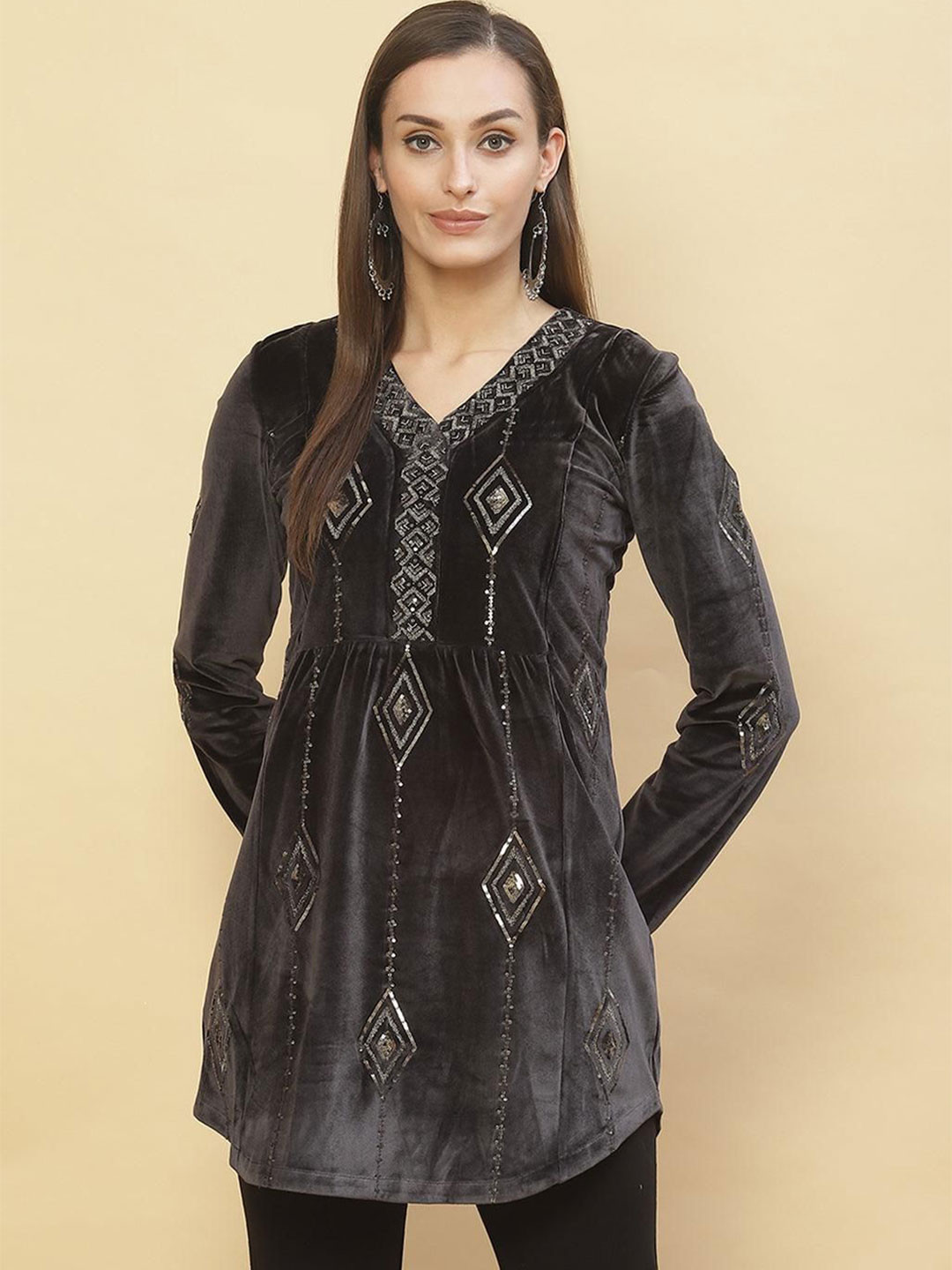 

Lakshita Women Embroidered Velvet Tunic With Sequins, Grey
