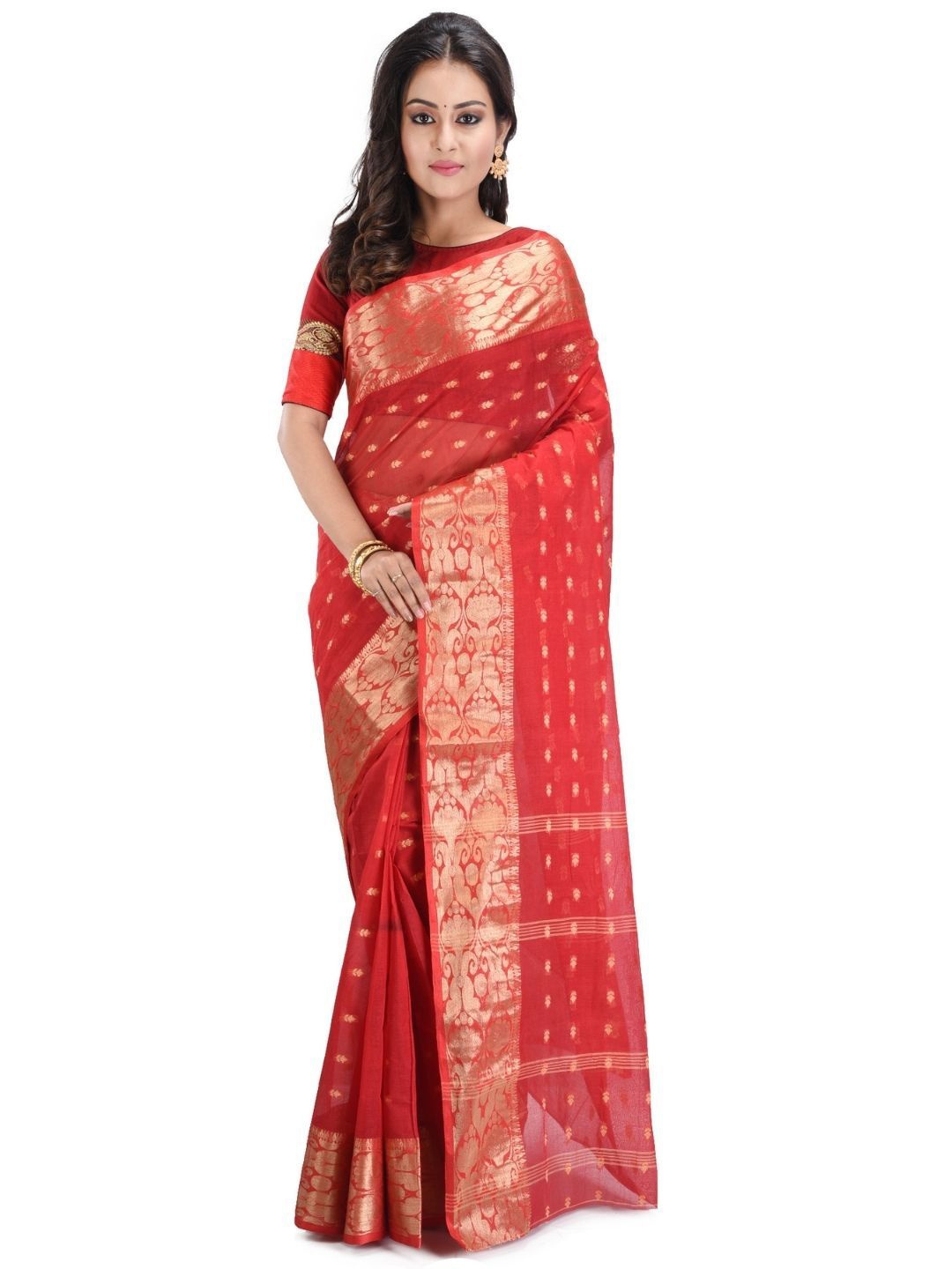 

RAJ SAREE HOUSE Woven Design Pure Cotton Jamdani Saree, Red