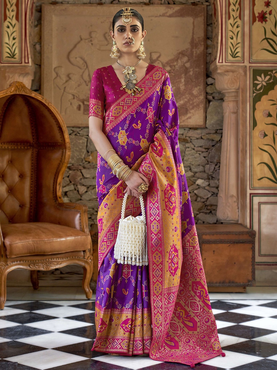 

MAHALASA Woven Design Zari Pure Silk Patola Saree, Purple