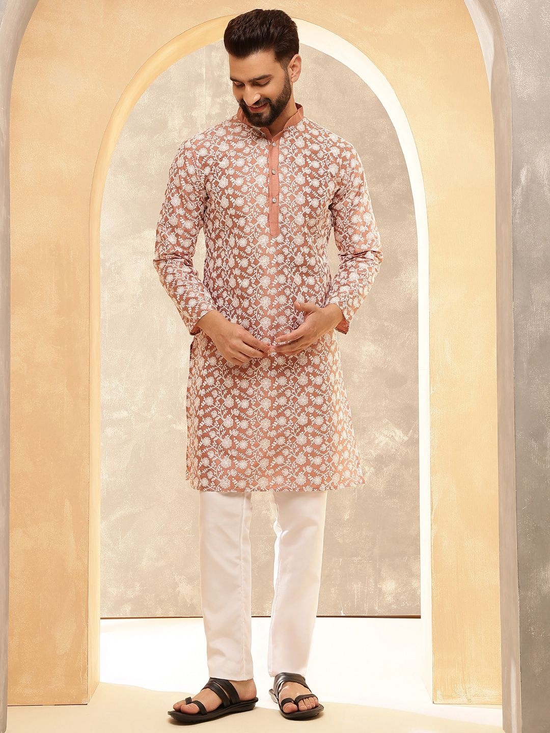 

Anouk Peach Floral Embroidered Mandarin Collar Straight Kurta With Pyjamas