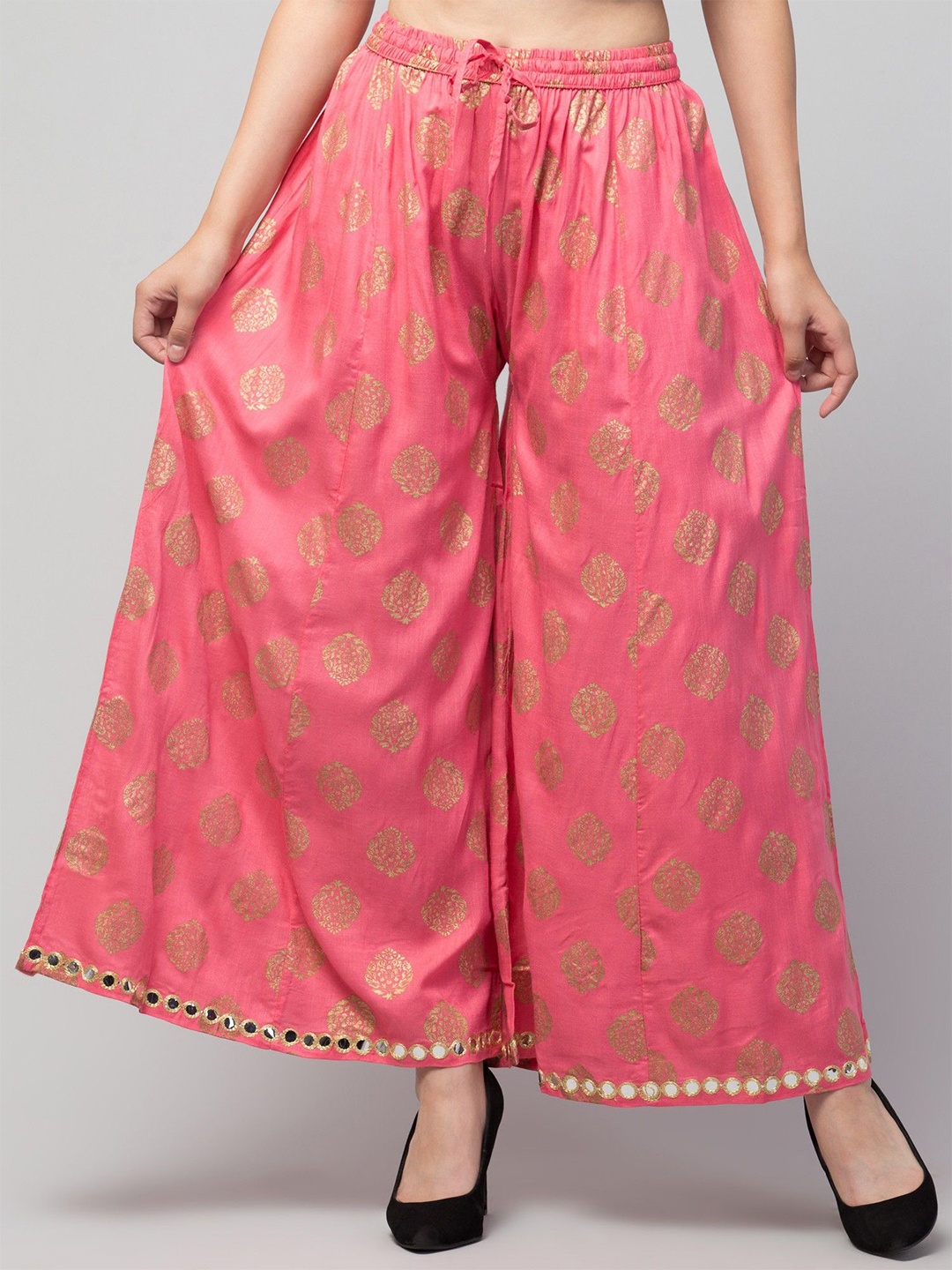 

FAMBEE Women Ethnic Motifs Printed Flared Knitted Palazzos, Pink