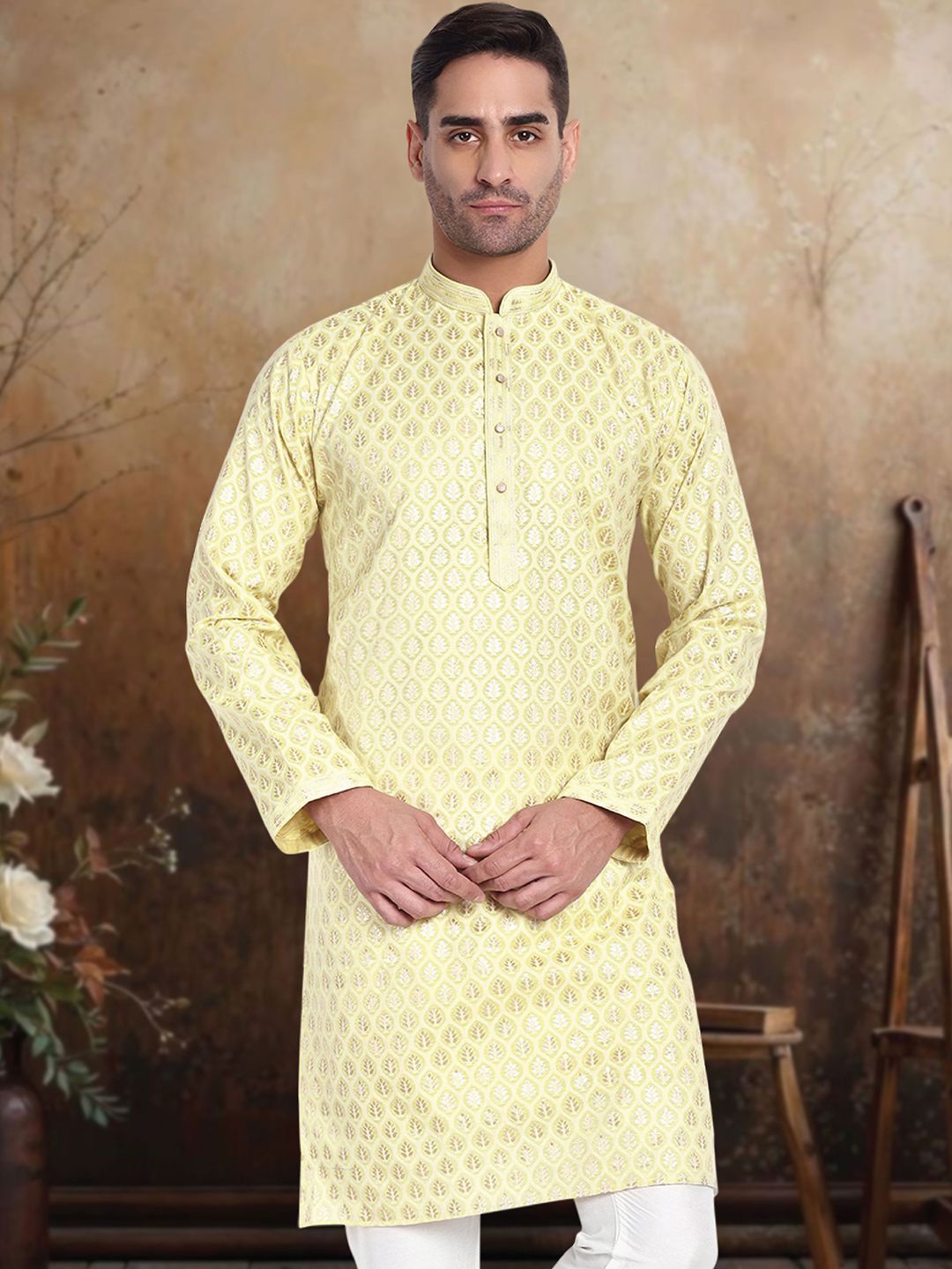 

Tesmare Floral Woven Design Mandarin Collar Banarasi Straight Kurta With Trouser, Yellow