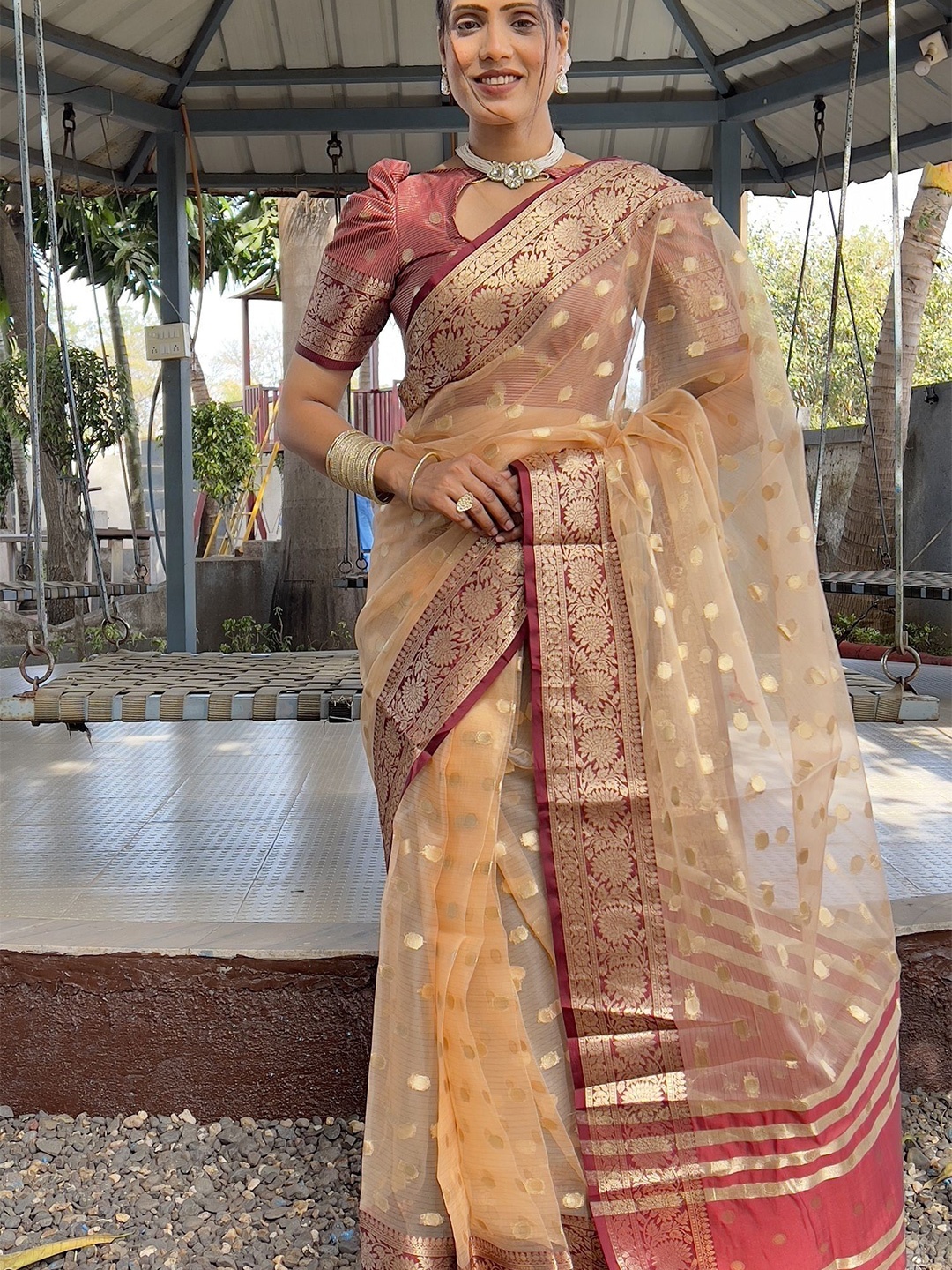 

A TO Z CART Woven Design Zari Organza Saree, Peach