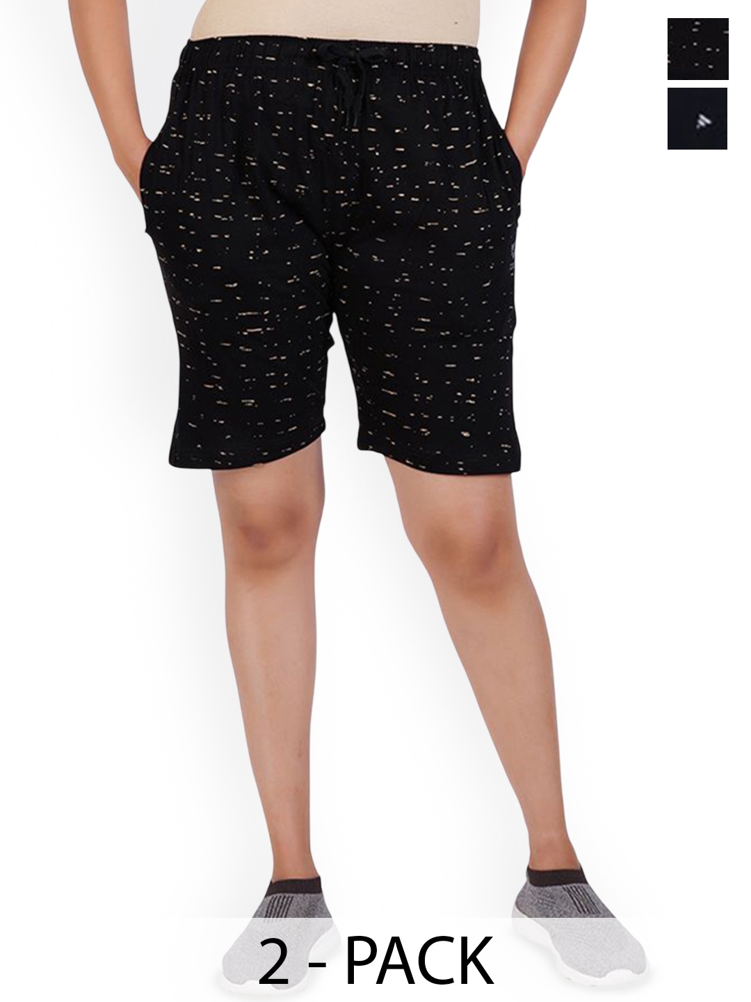 

FEEL TRACK Women Pack of 2 Printed Shorts, Black