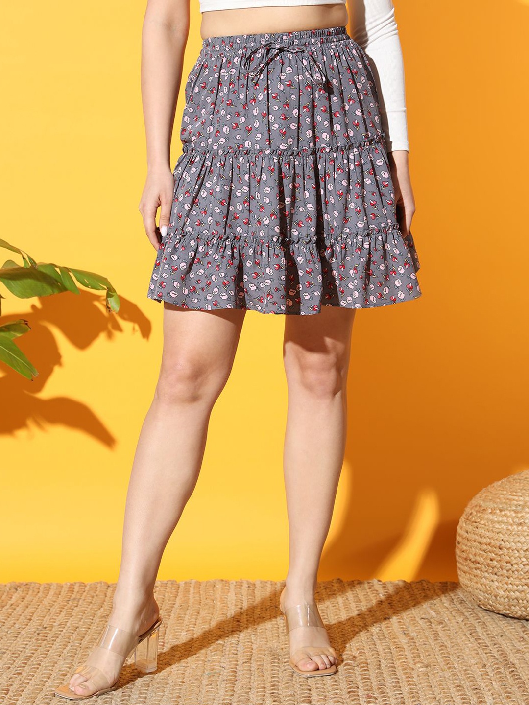 

Moda Rapido Floral Printed Layered Mini Skirt, Grey