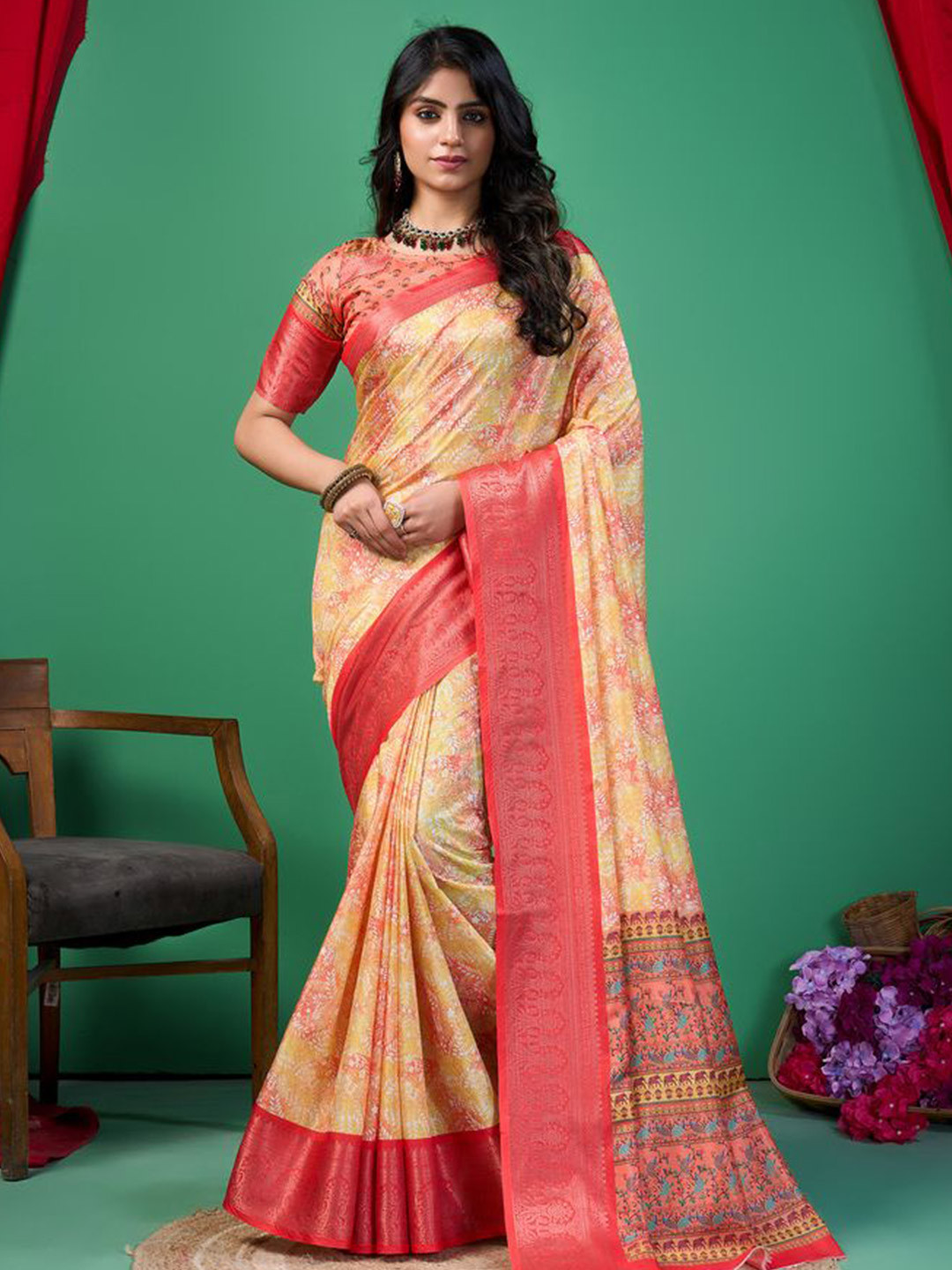 

Fashion FRICKS Floral Printed Saree With Blouse Piece, Yellow