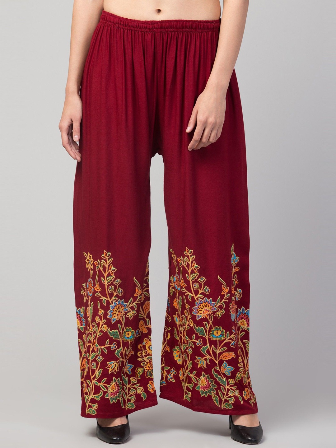 

FAMBEE Women Floral Printed Flared Knitted Palazzos, Maroon