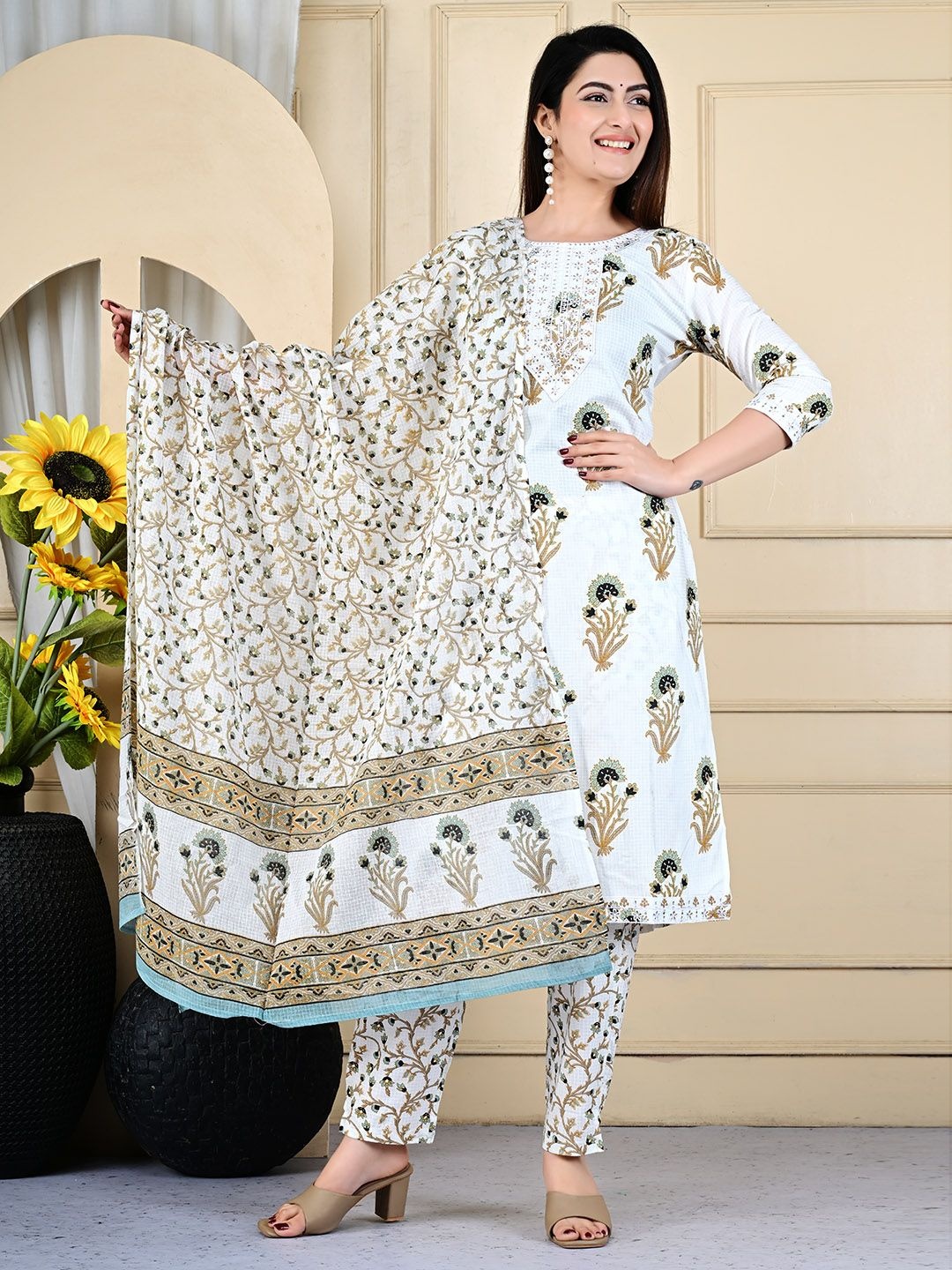 

Meena Bazaar Floral Printed Thread Work Straight Cotton Kurta With Trouser And Dupatta, White
