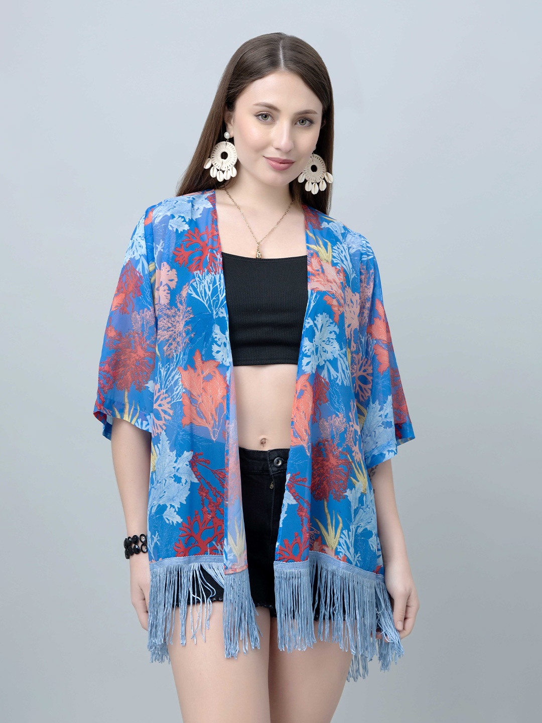 

PURYS Women Printed Tasselled Longline Tropical Shrug, Blue