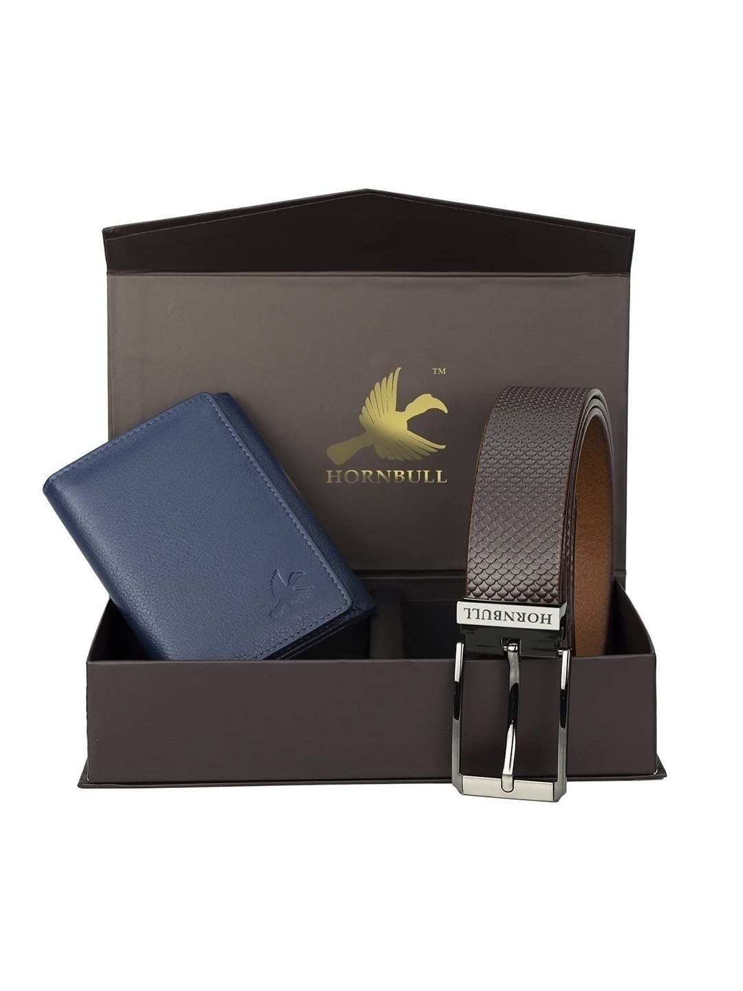 

Hornbull Men Three Fold Leather RFID Protected Belt Accessory Gift Set, Navy blue