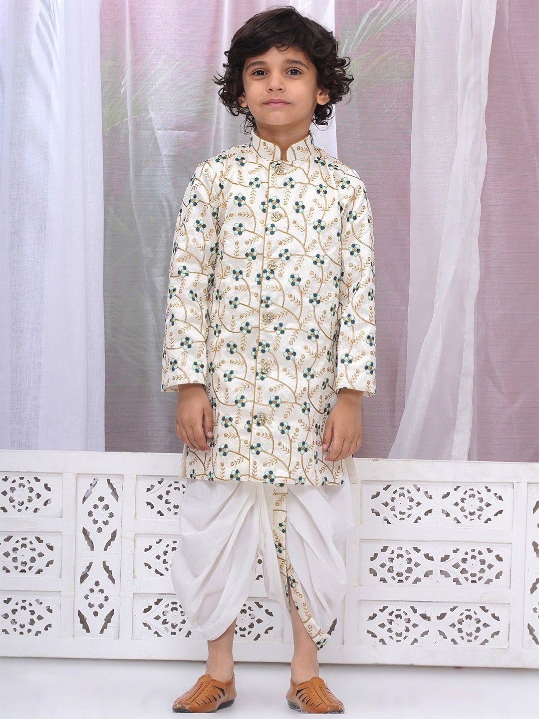 

Little Bansi Boys Floral Embroidered Thread Work Pure Cotton Kurta With Dhoti Pants, Cream