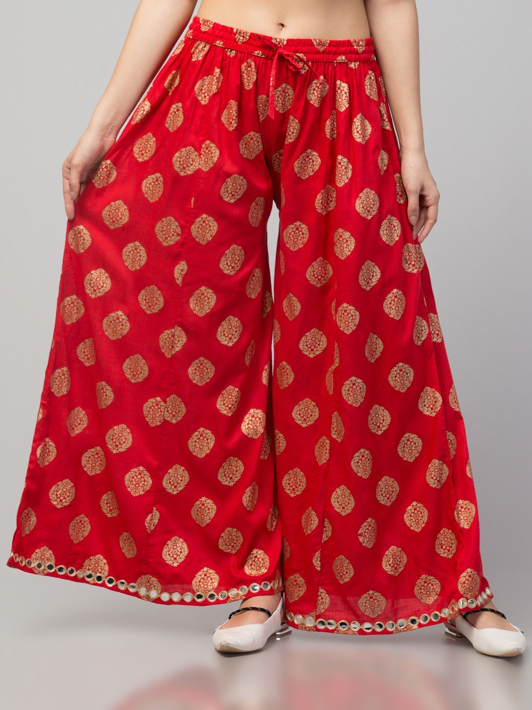 

FAMBEE Women Floral Printed Flared Knitted Palazzos, Red