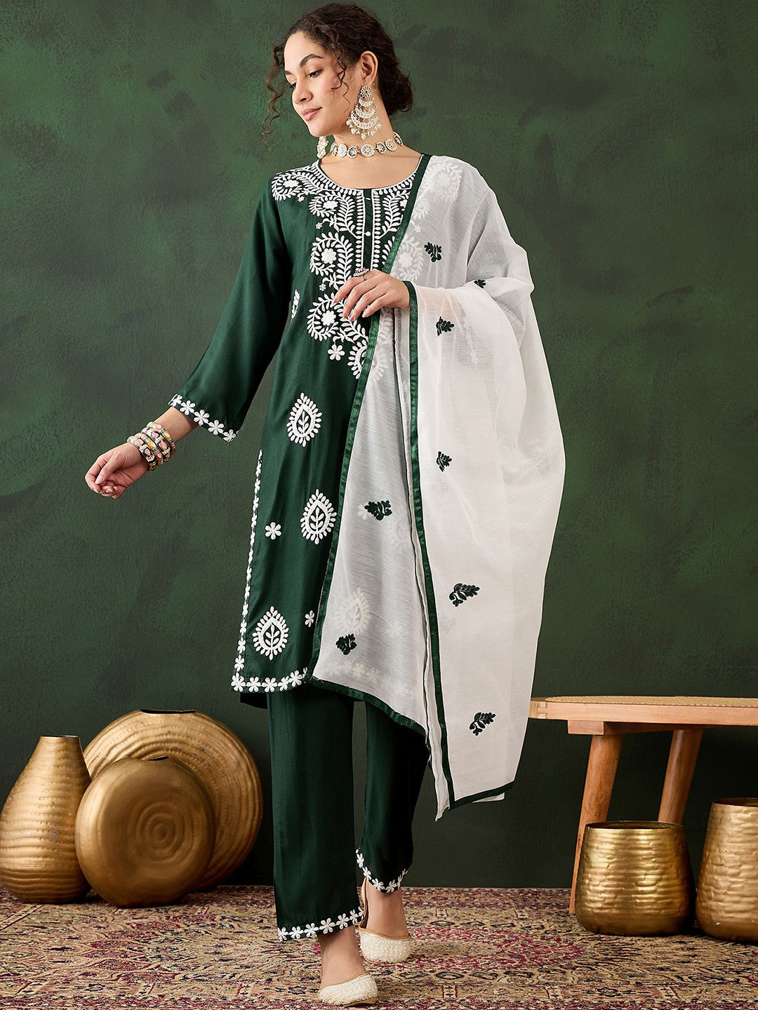

KALINI Women Floral Embroidered Regular Chikankari Kurta with Trousers & With Dupatta, Green