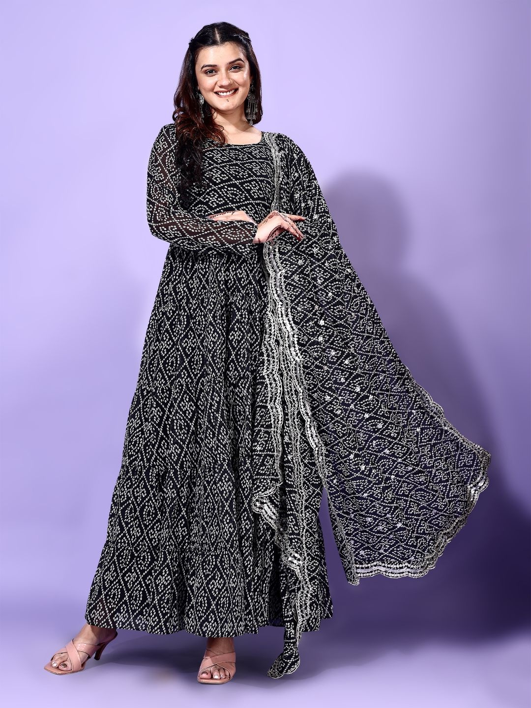 

KALINI Bandhani Printed Tiered Georgette Anarkali Kurta With Trouser & Dupatta, Black