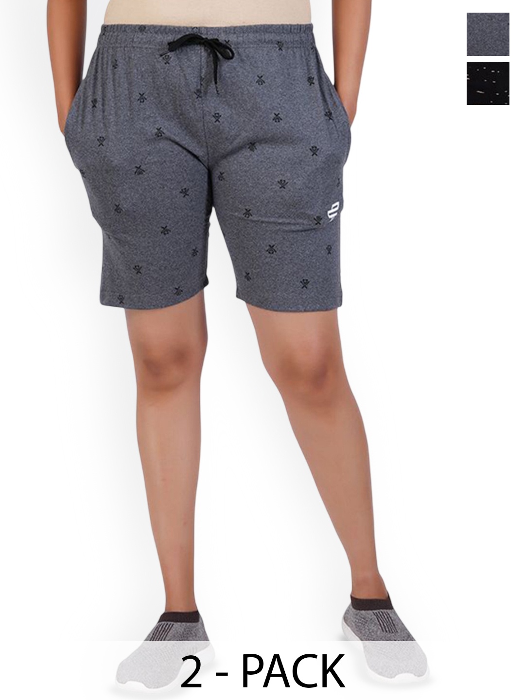 

FEEL TRACK Women Pack Of 2 Cotton Printed Shorts, Black