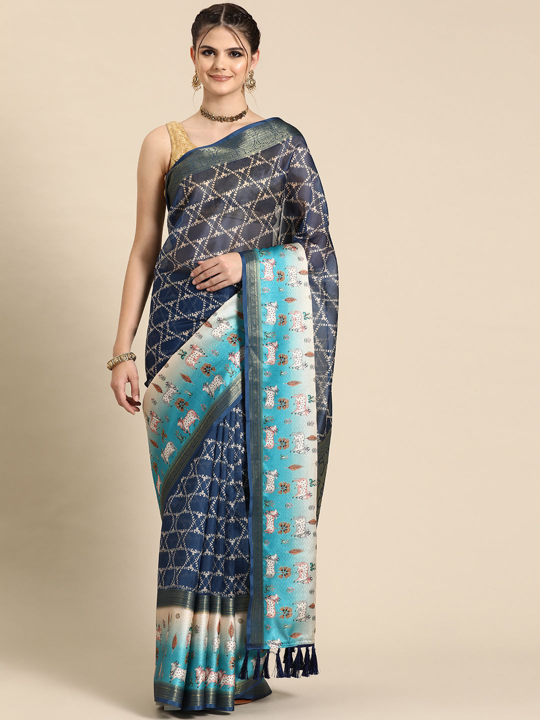 

DIVASTRI Kanjivaram Silk Pichwai Digital Printed Saree with Woven Border & Pallu, Blue