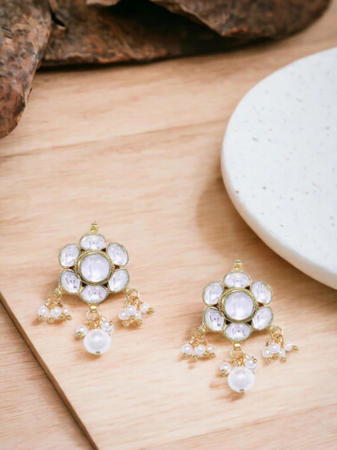 

House of Pataudi Kundan Studded Floral Shaped Drop earrings, Gold