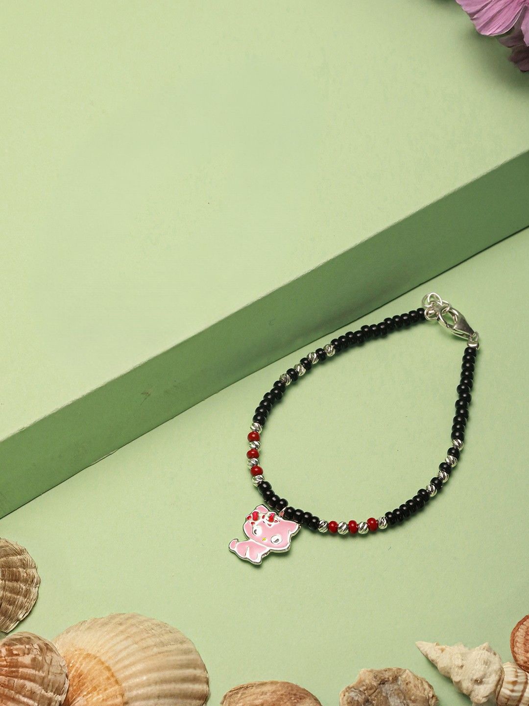 

SARAF SILVERETZ 925 Sterling Silver-Plated Artificial Beaded Charm Bracelet, Black